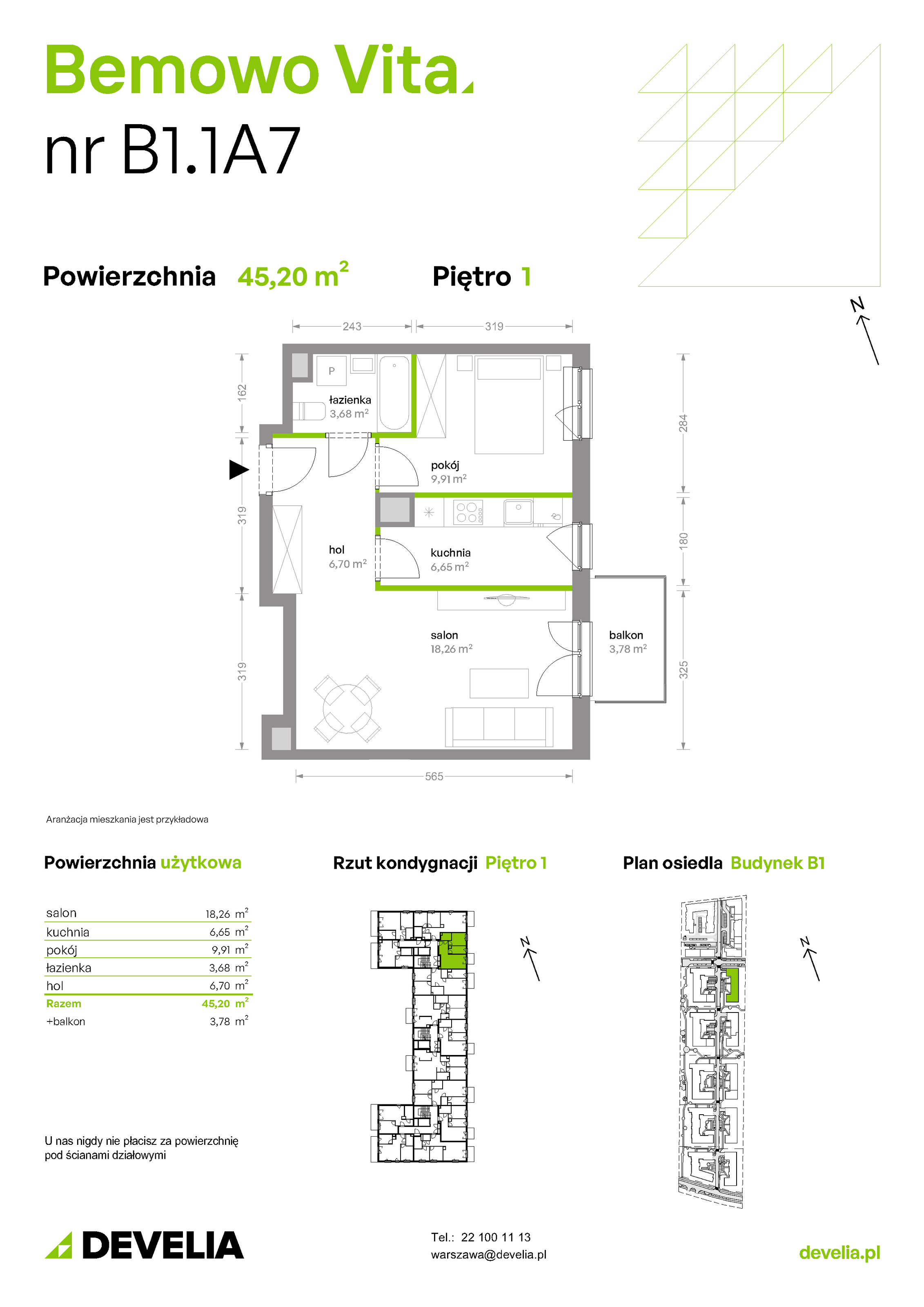 Mieszkanie 45,20 m², piętro 1, oferta nr B1/1/A7, Bemowo Vita etap II, Warszawa, Bemowo, Chrzanów, ul. Szeligowska 59-idx