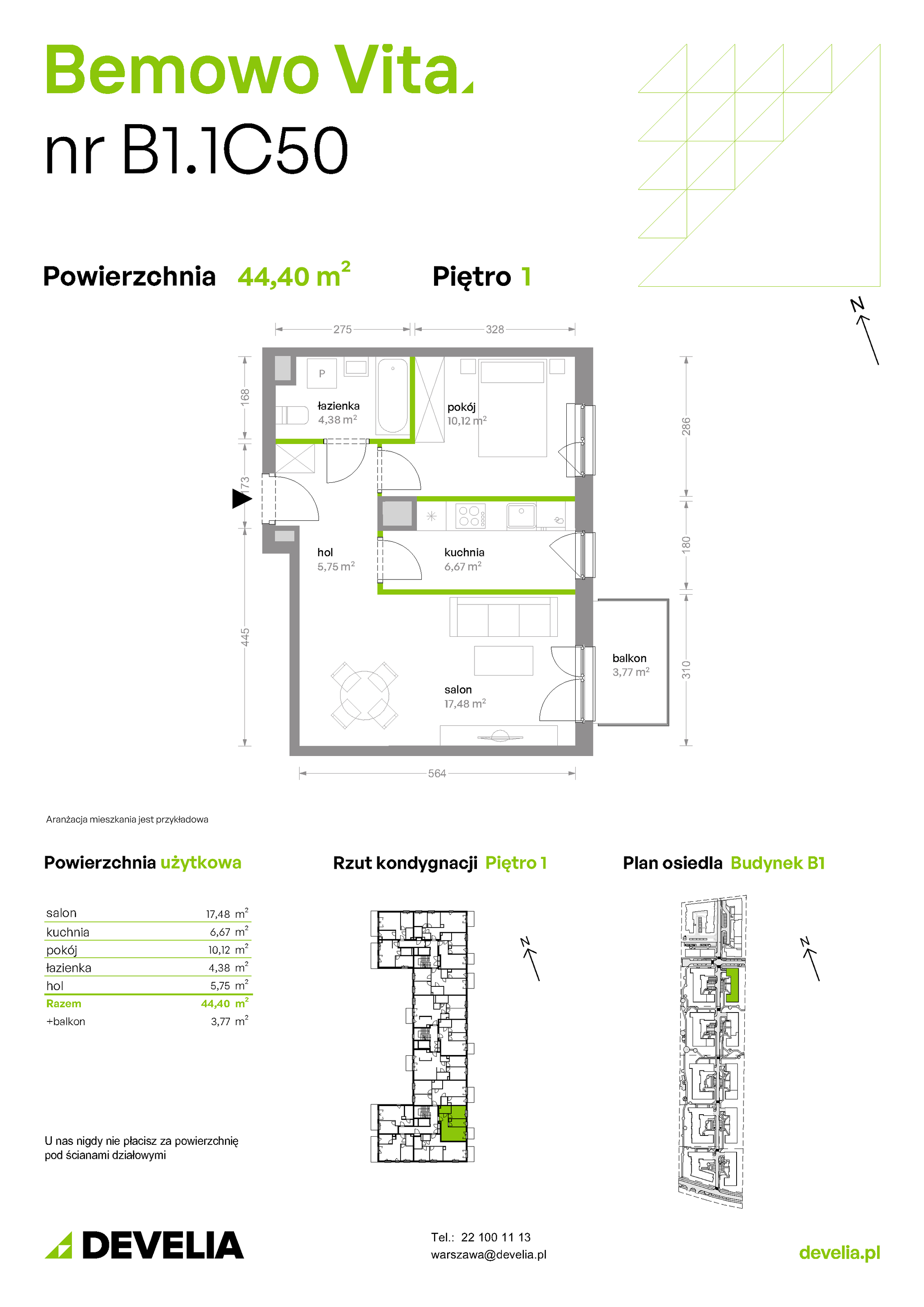 Mieszkanie 44,40 m², piętro 1, oferta nr B1/1/C50, Bemowo Vita etap II, Warszawa, Bemowo, Chrzanów, ul. Szeligowska 59-idx