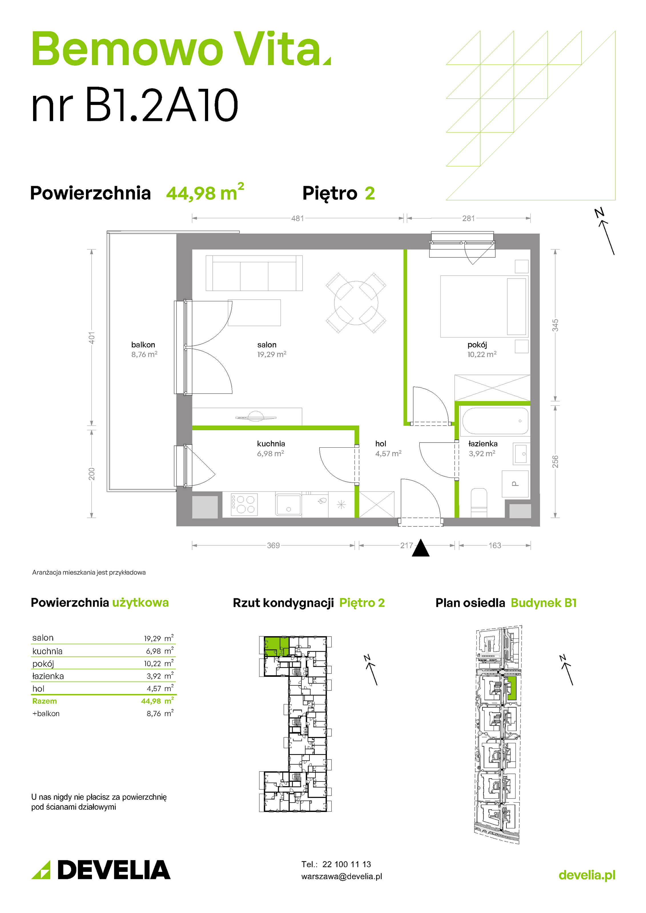 Mieszkanie 44,98 m², piętro 2, oferta nr B1/2/A10, Bemowo Vita etap II, Warszawa, Bemowo, Chrzanów, ul. Szeligowska 59-idx