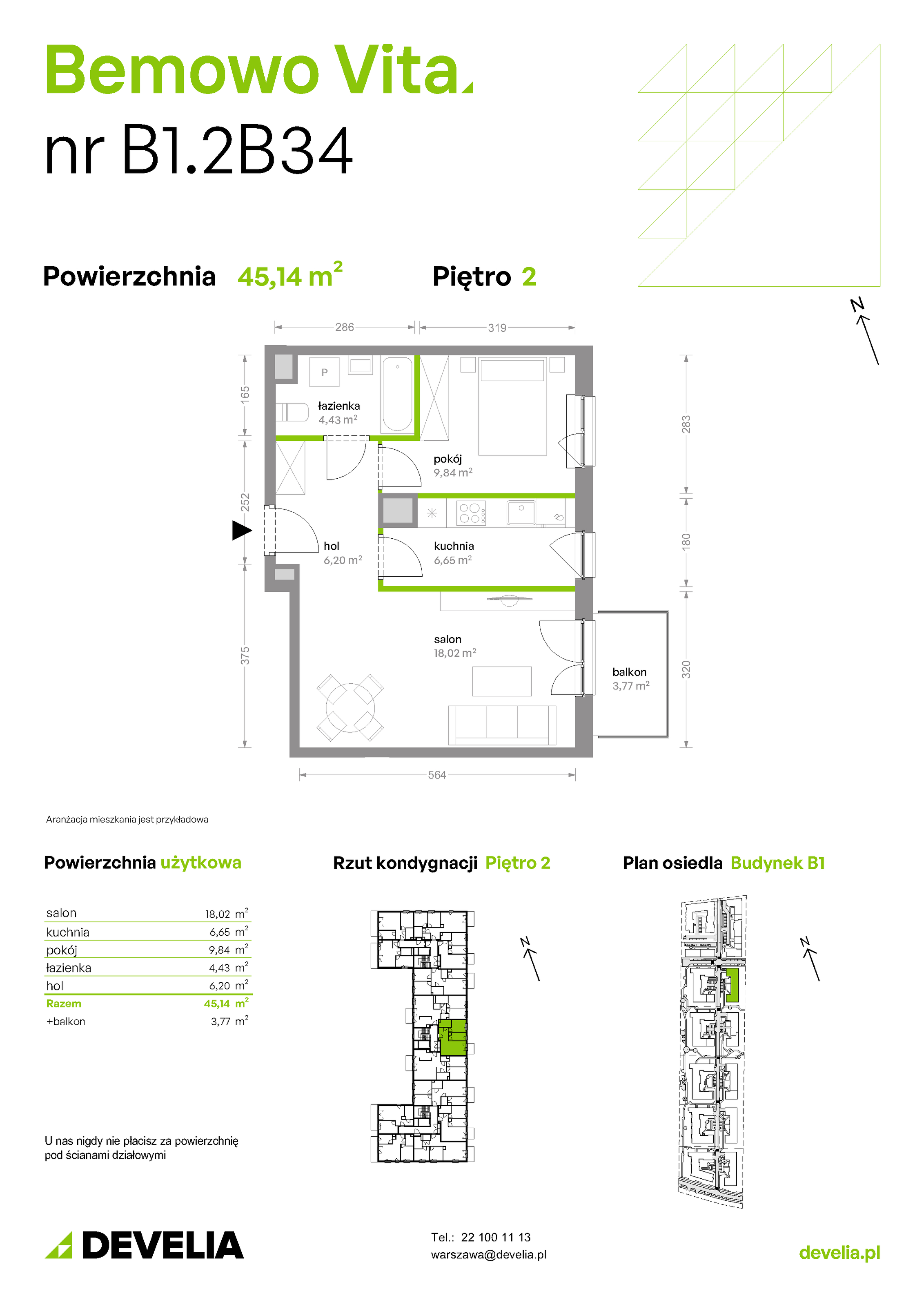 Mieszkanie 45,14 m², piętro 2, oferta nr B1/2/B34, Bemowo Vita etap II, Warszawa, Bemowo, Chrzanów, ul. Szeligowska 59-idx