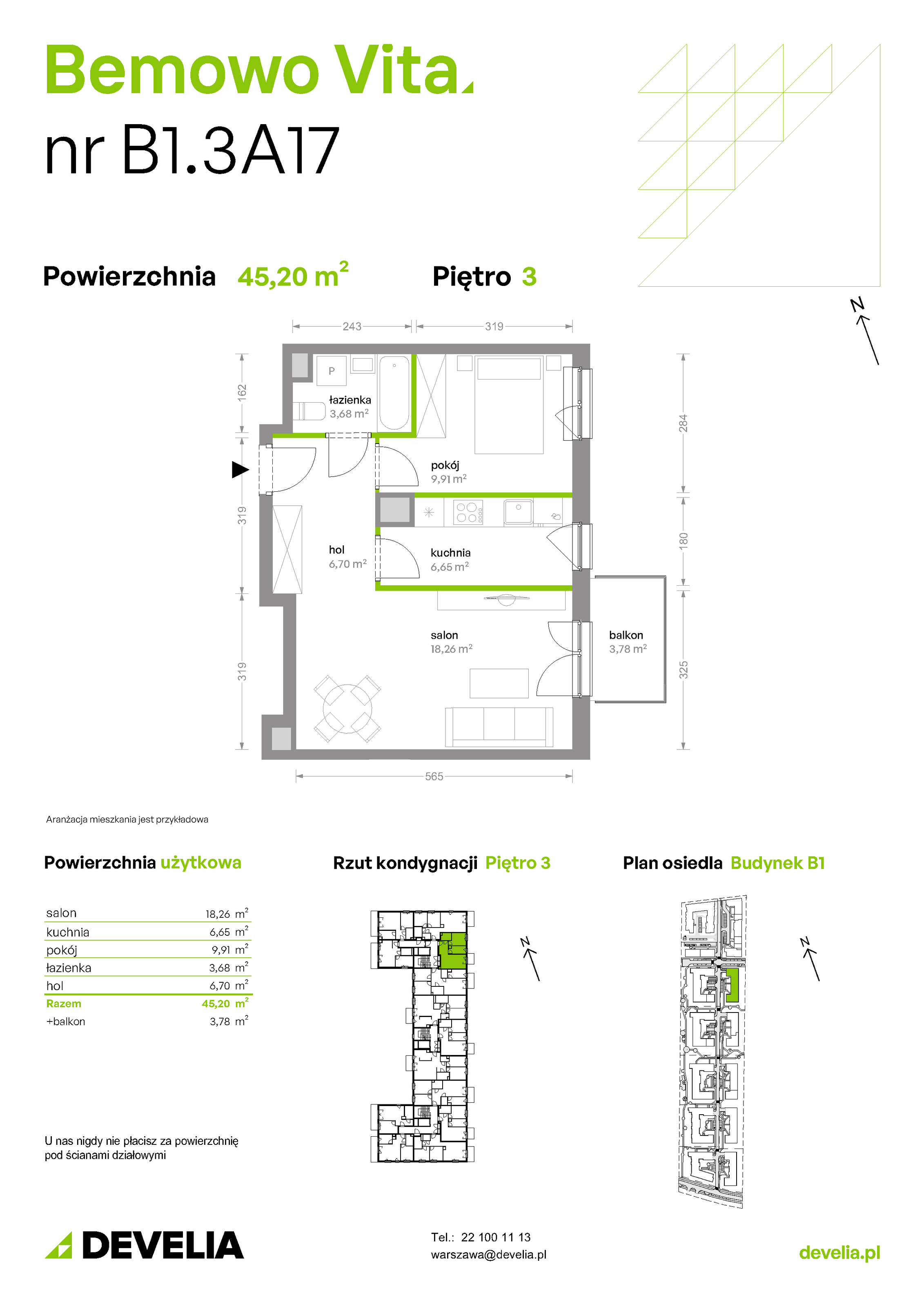 Mieszkanie 45,20 m², piętro 3, oferta nr B1/3/A17, Bemowo Vita etap II, Warszawa, Bemowo, Chrzanów, ul. Szeligowska 59-idx