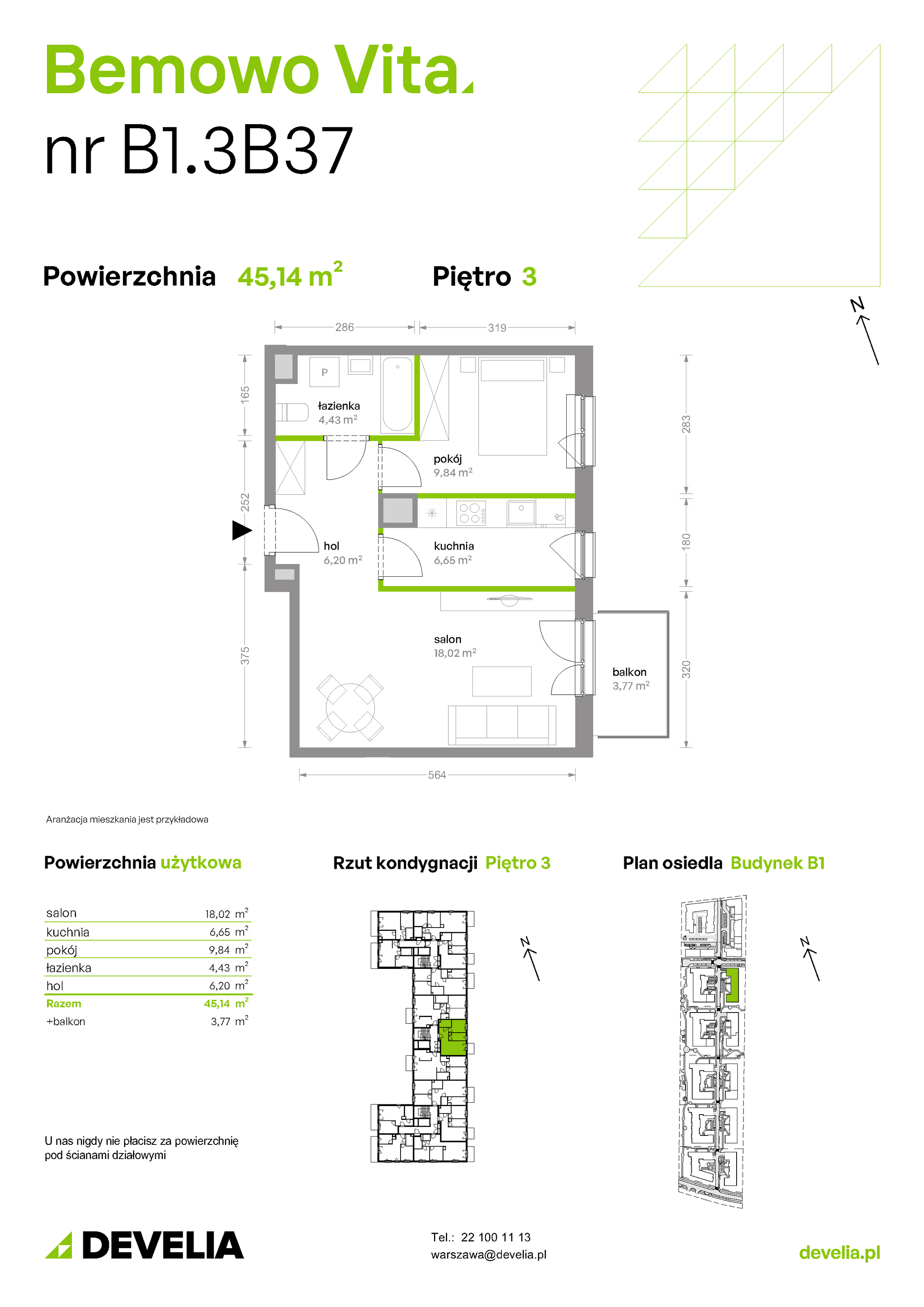 Mieszkanie 45,14 m², piętro 3, oferta nr B1/3/B37, Bemowo Vita etap II, Warszawa, Bemowo, Chrzanów, ul. Szeligowska 59-idx