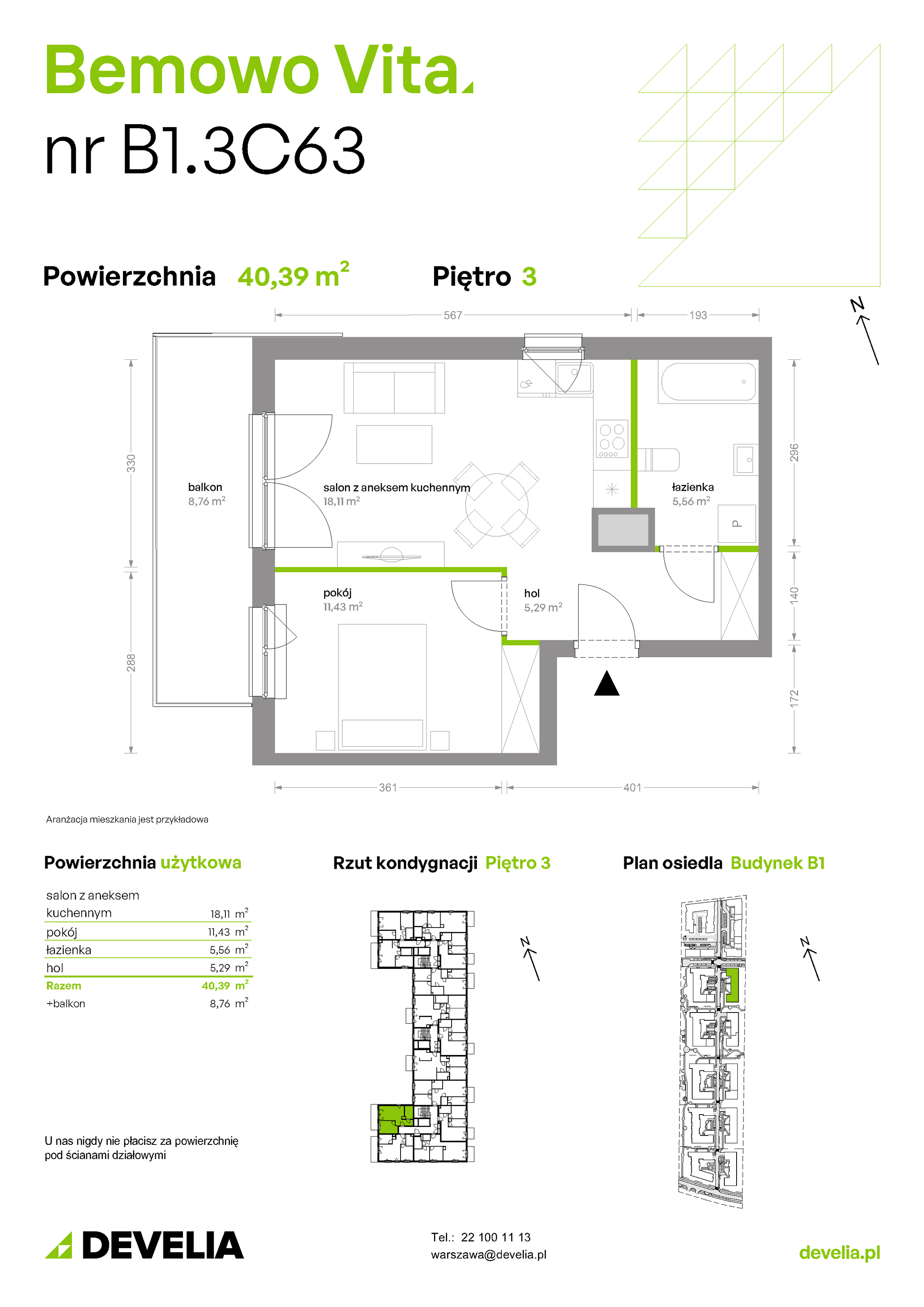 Mieszkanie 40,39 m², piętro 3, oferta nr B1/3/C63, Bemowo Vita etap II, Warszawa, Bemowo, Chrzanów, ul. Szeligowska 59-idx