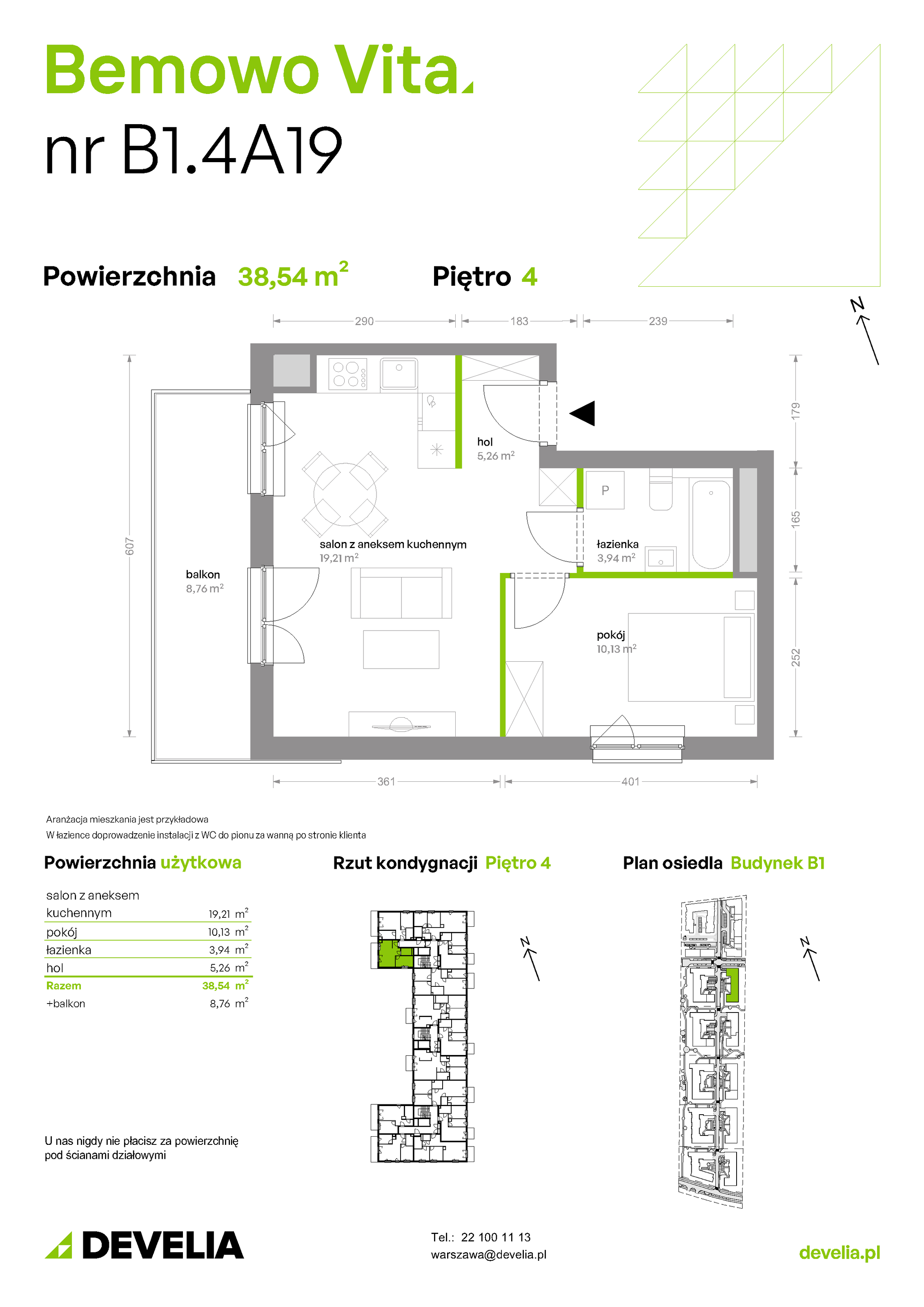 Mieszkanie 38,54 m², piętro 4, oferta nr B1/4/A19, Bemowo Vita etap II, Warszawa, Bemowo, Chrzanów, ul. Szeligowska 59-idx