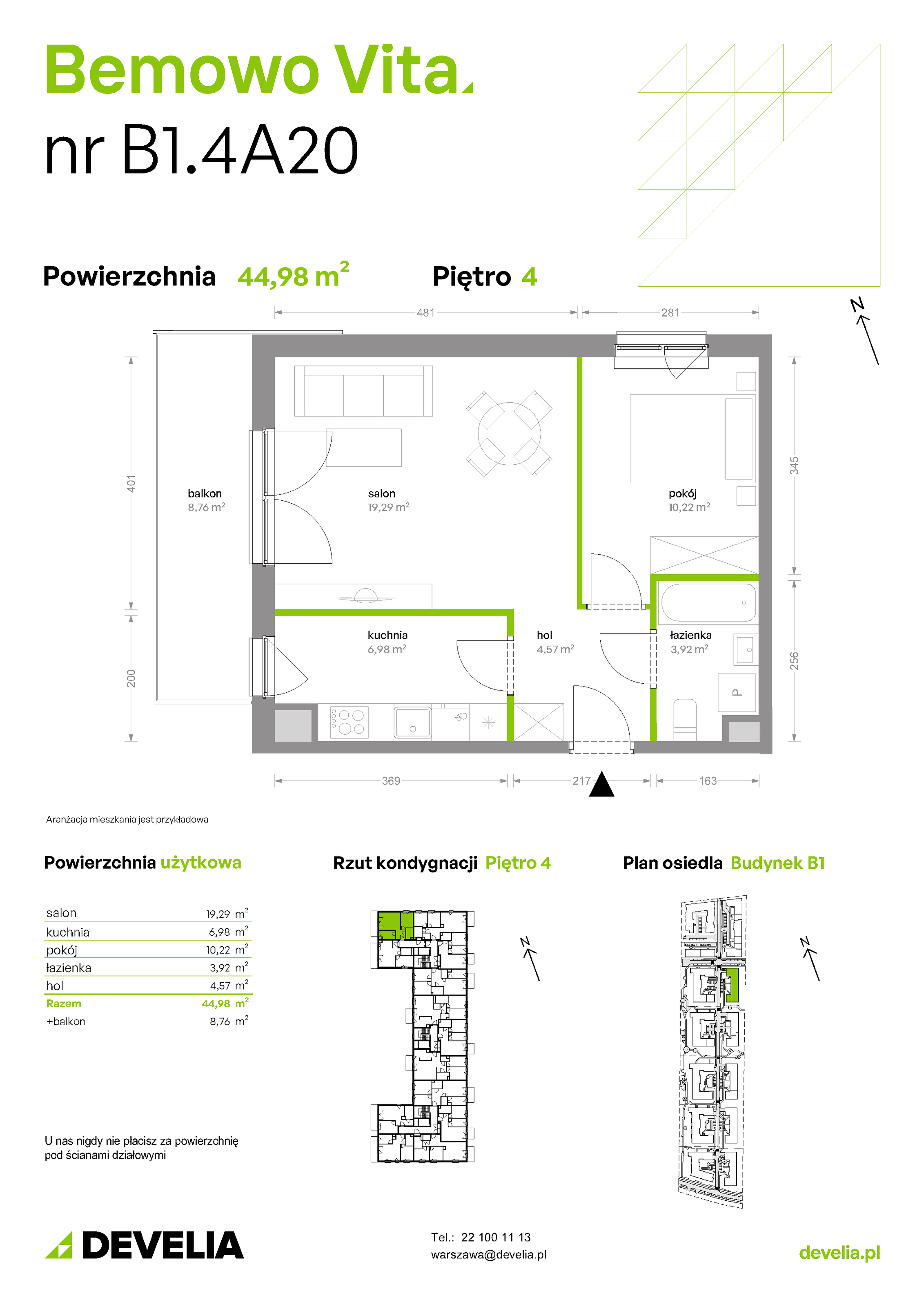 Mieszkanie 44,98 m², piętro 4, oferta nr B1/4/A20, Bemowo Vita etap II, Warszawa, Bemowo, Chrzanów, ul. Szeligowska 59-idx