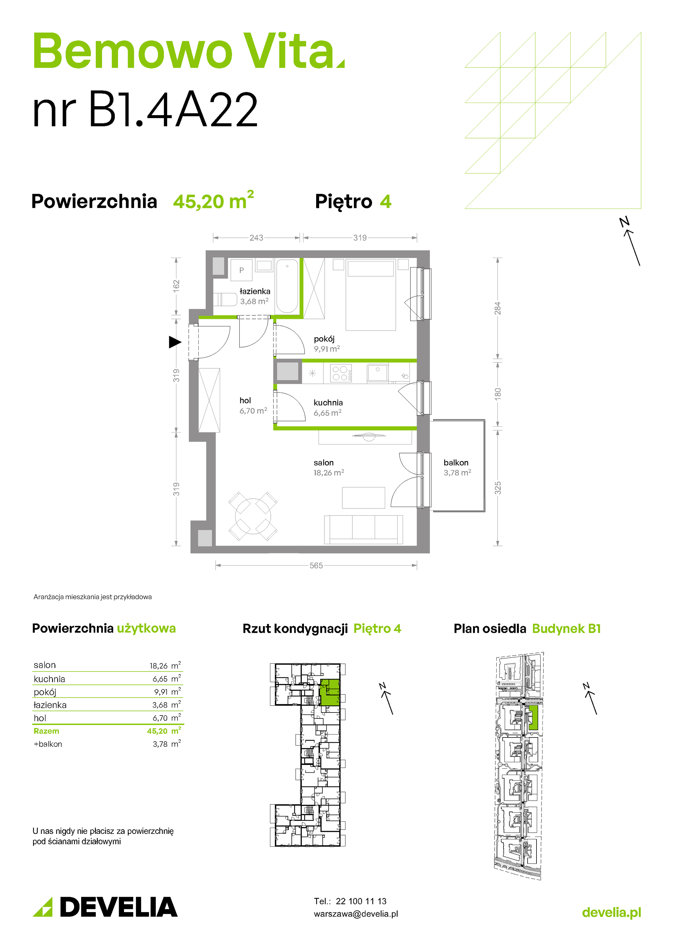 Mieszkanie 45,20 m², piętro 4, oferta nr B1/4/A22, Bemowo Vita etap II, Warszawa, Bemowo, Chrzanów, ul. Szeligowska 59-idx