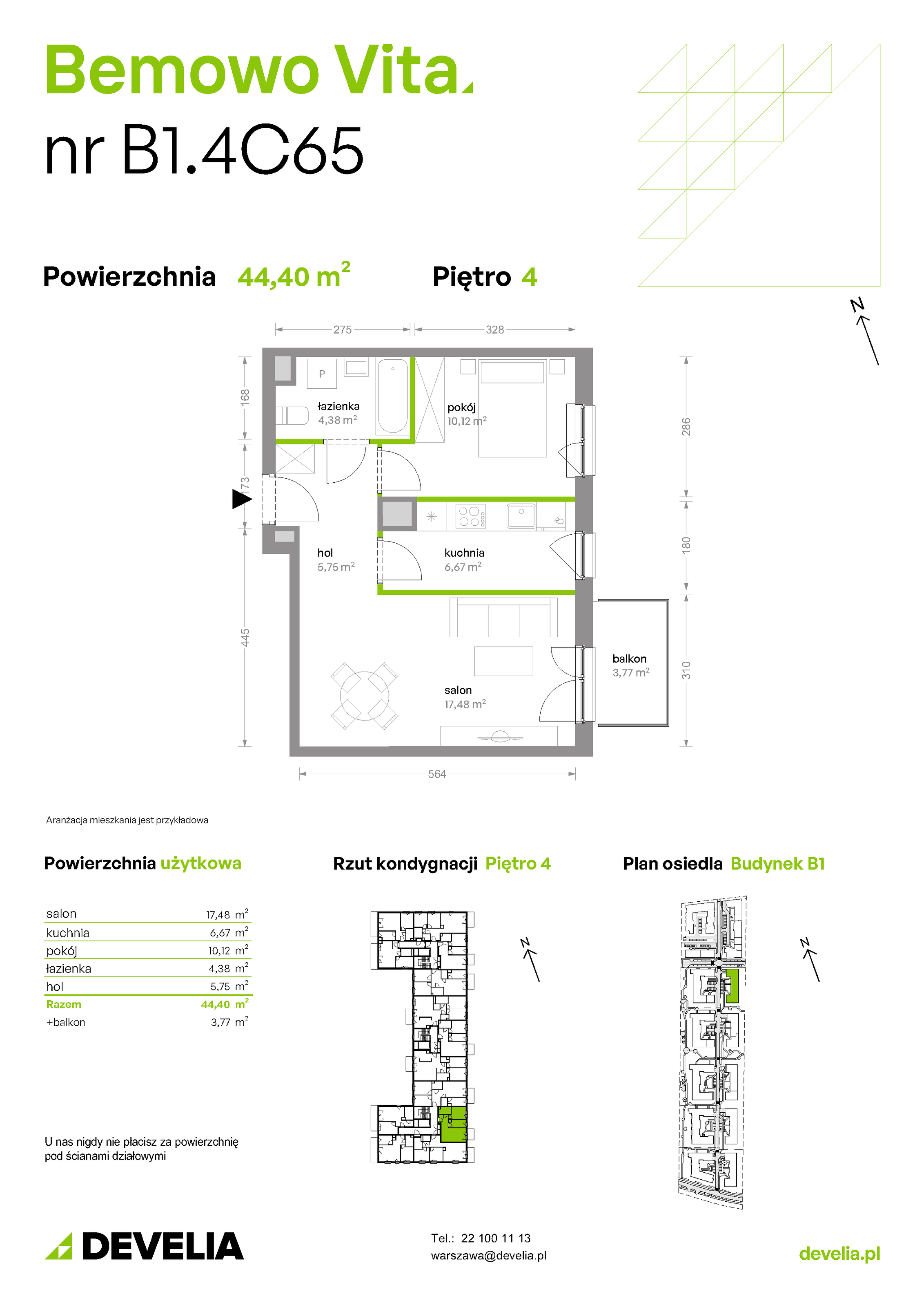 Mieszkanie 44,40 m², piętro 4, oferta nr B1/4/C65, Bemowo Vita etap II, Warszawa, Bemowo, Chrzanów, ul. Szeligowska 59-idx