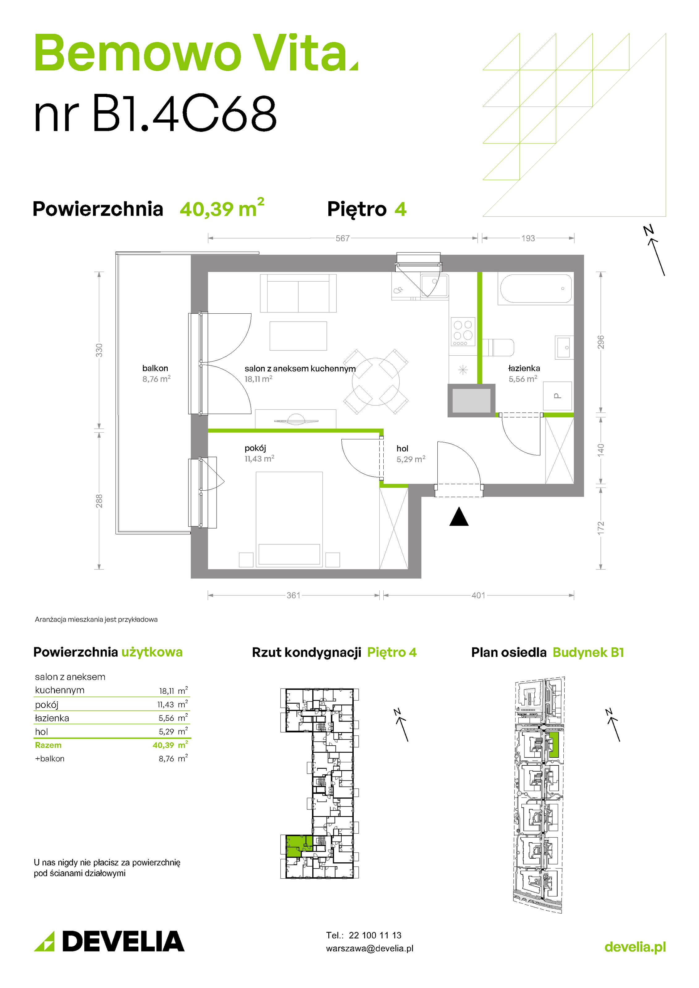 Mieszkanie 40,39 m², piętro 4, oferta nr B1/4/C68, Bemowo Vita etap II, Warszawa, Bemowo, Chrzanów, ul. Szeligowska 59-idx