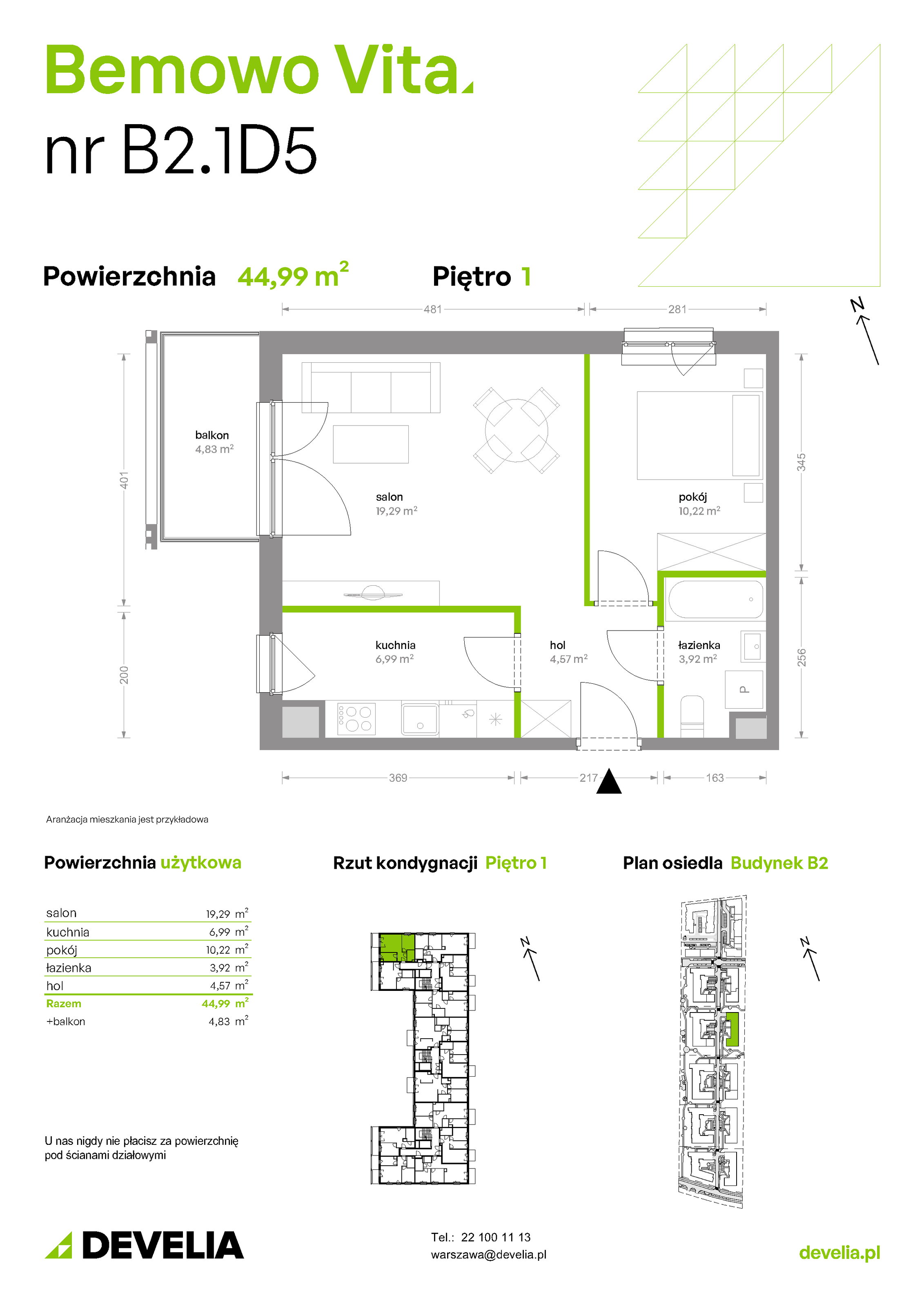 Mieszkanie 44,99 m², piętro 1, oferta nr B2/1/D5, Bemowo Vita etap II, Warszawa, Bemowo, Chrzanów, ul. Szeligowska 59-idx