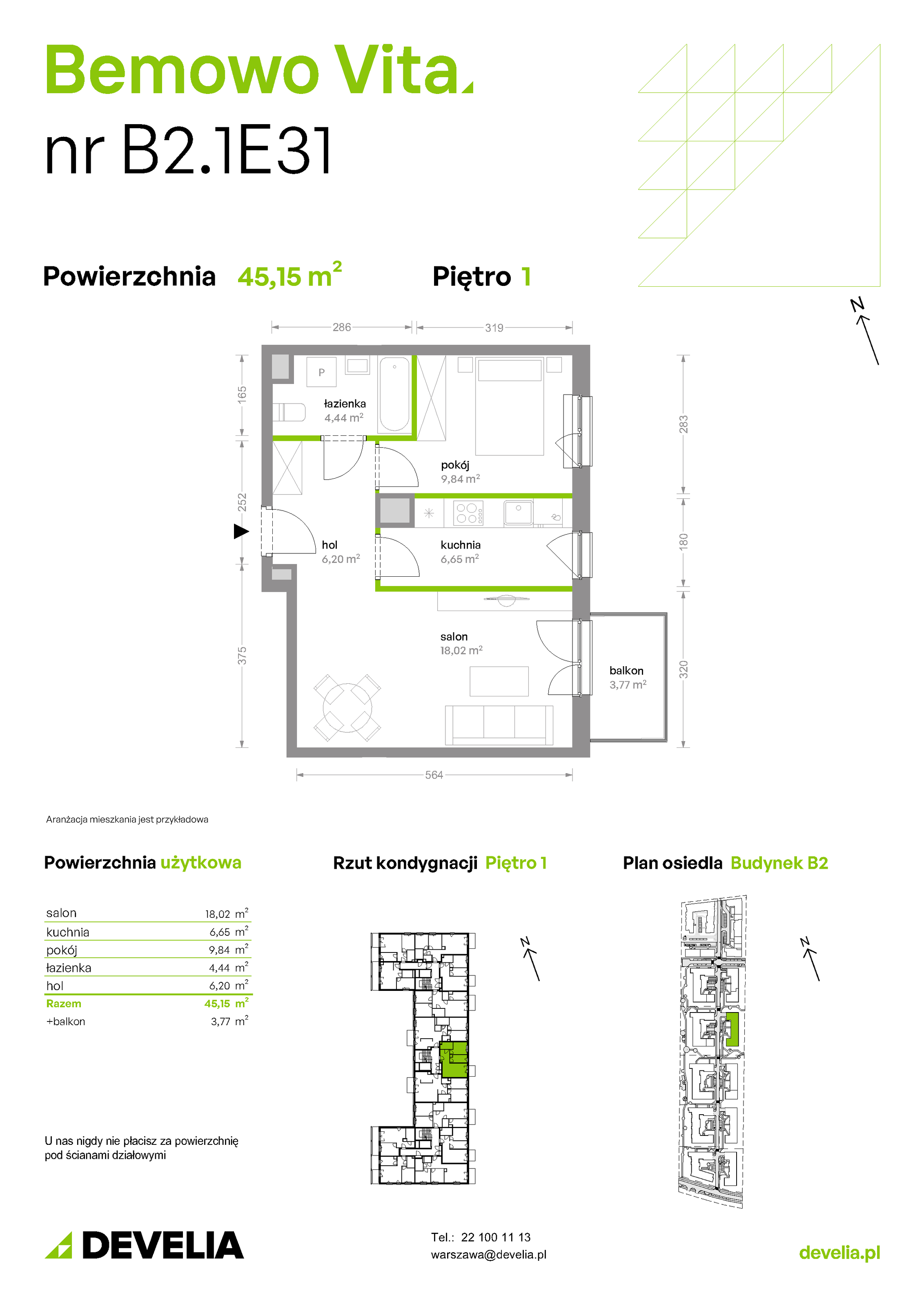 Mieszkanie 45,15 m², piętro 1, oferta nr B2/1/E31, Bemowo Vita etap II, Warszawa, Bemowo, Chrzanów, ul. Szeligowska 59-idx