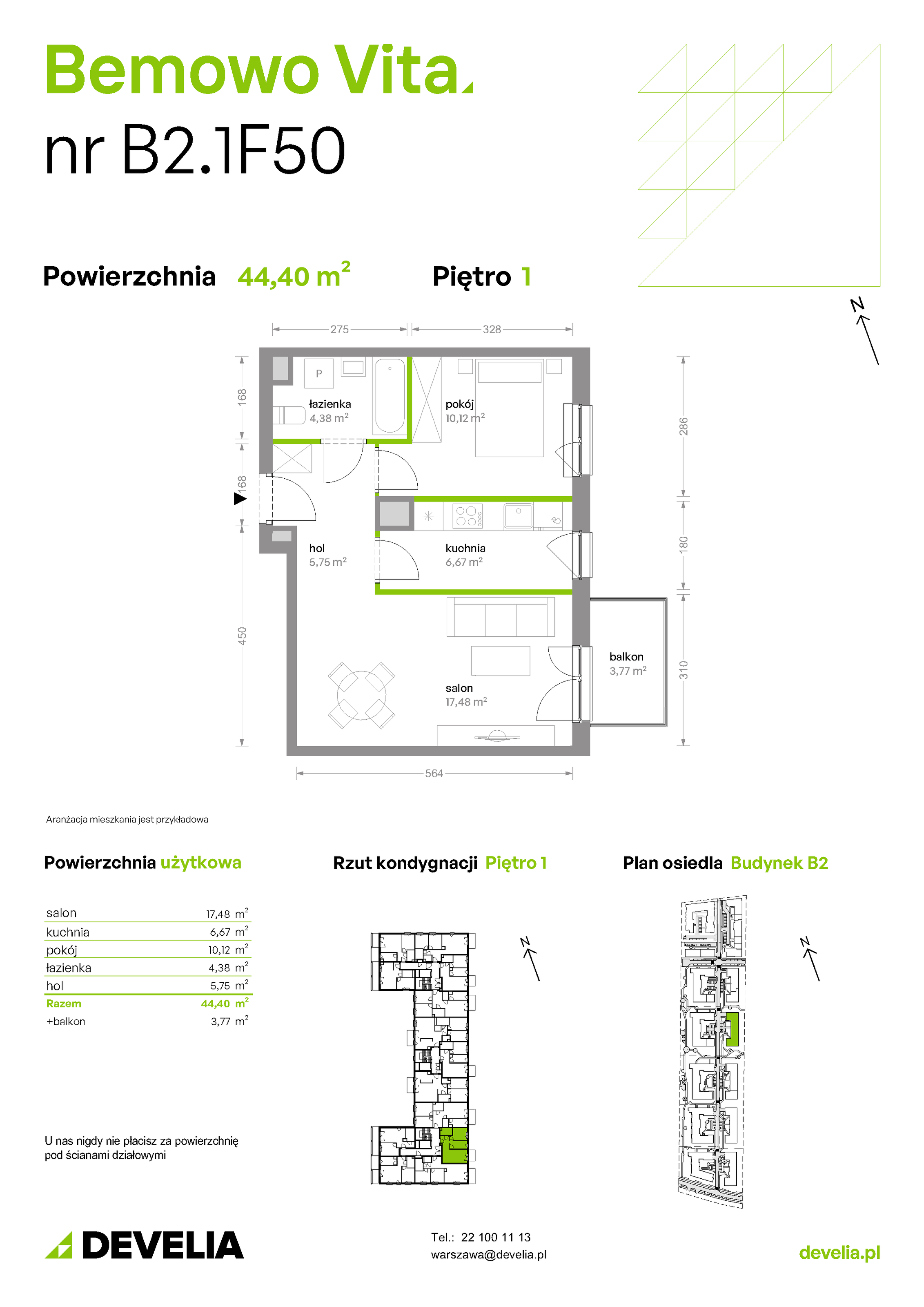 Mieszkanie 44,40 m², piętro 1, oferta nr B2/1/F50, Bemowo Vita etap II, Warszawa, Bemowo, Chrzanów, ul. Szeligowska 59-idx