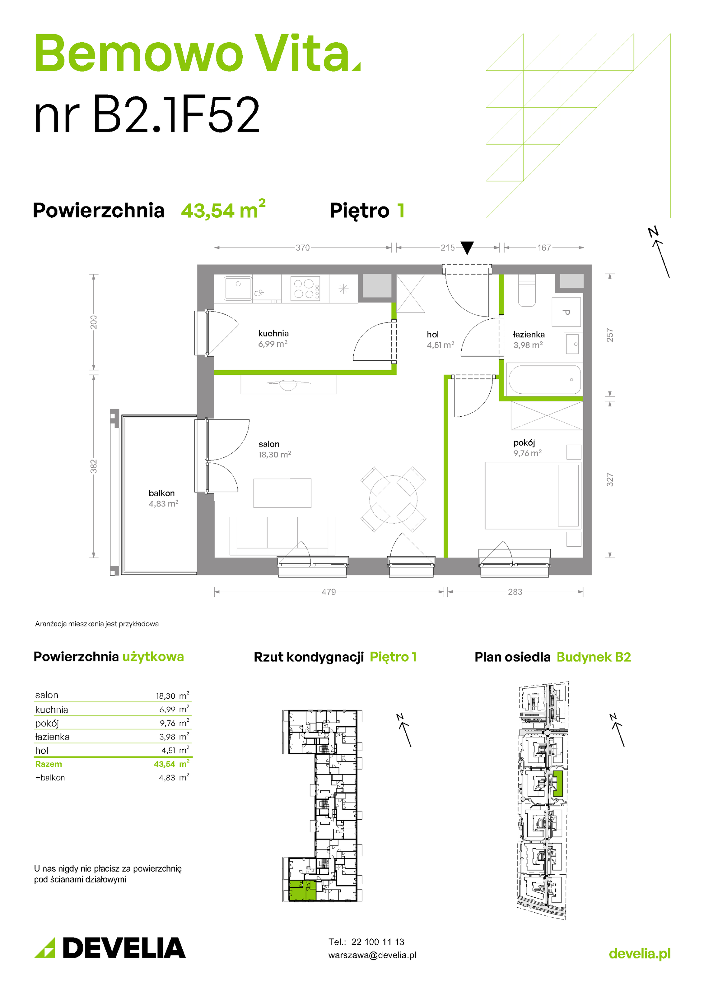 Mieszkanie 43,54 m², piętro 1, oferta nr B2/1/F52, Bemowo Vita etap II, Warszawa, Bemowo, Chrzanów, ul. Szeligowska 59-idx