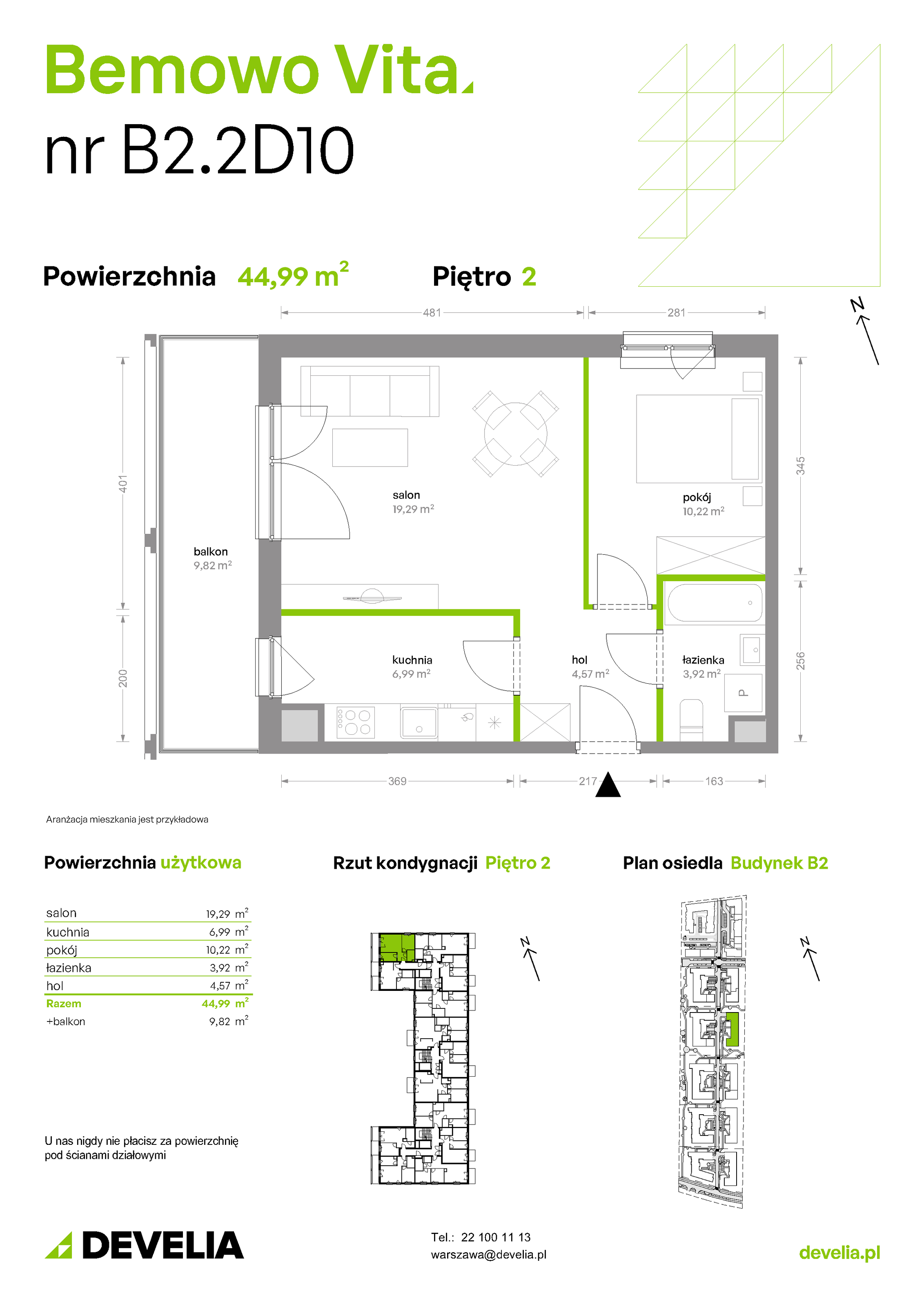 Mieszkanie 44,99 m², piętro 2, oferta nr B2/2/D10, Bemowo Vita etap II, Warszawa, Bemowo, Chrzanów, ul. Szeligowska 59-idx