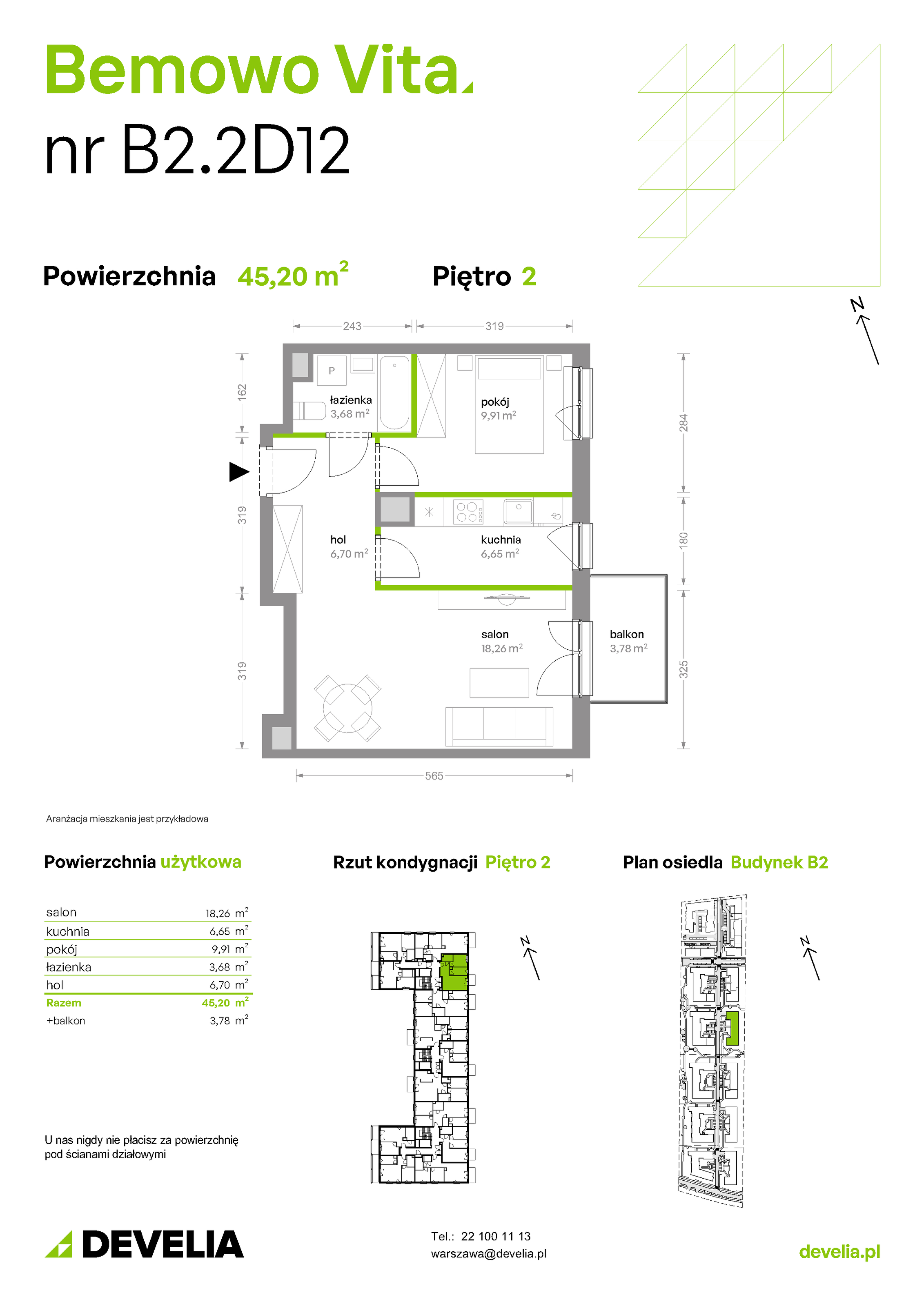 Mieszkanie 45,20 m², piętro 2, oferta nr B2/2/D12, Bemowo Vita etap II, Warszawa, Bemowo, Chrzanów, ul. Szeligowska 59-idx