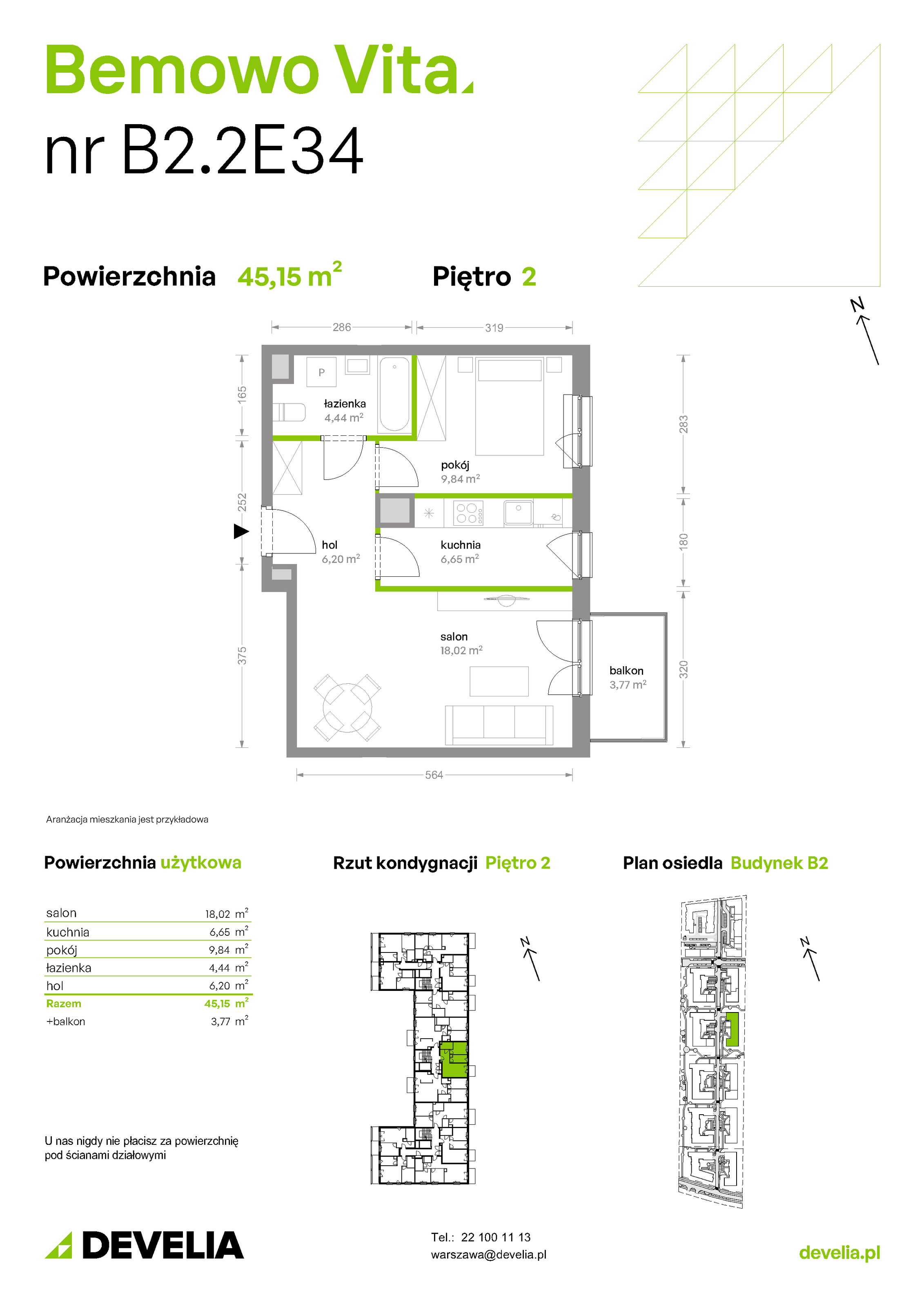 Mieszkanie 45,15 m², piętro 2, oferta nr B2/2/E34, Bemowo Vita etap II, Warszawa, Bemowo, Chrzanów, ul. Szeligowska 59-idx