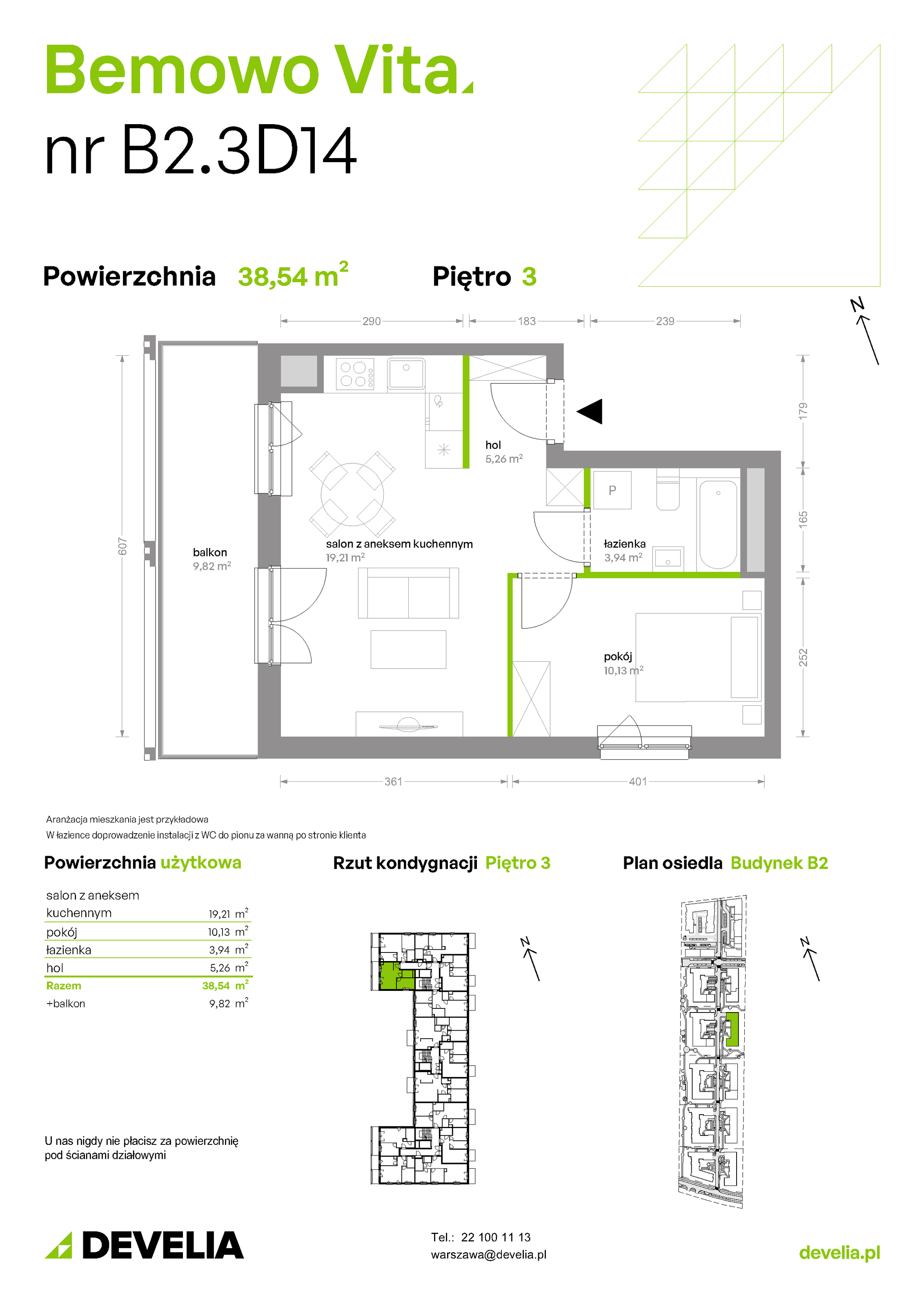 Mieszkanie 38,54 m², piętro 3, oferta nr B2/3/D14, Bemowo Vita etap II, Warszawa, Bemowo, Chrzanów, ul. Szeligowska 59-idx