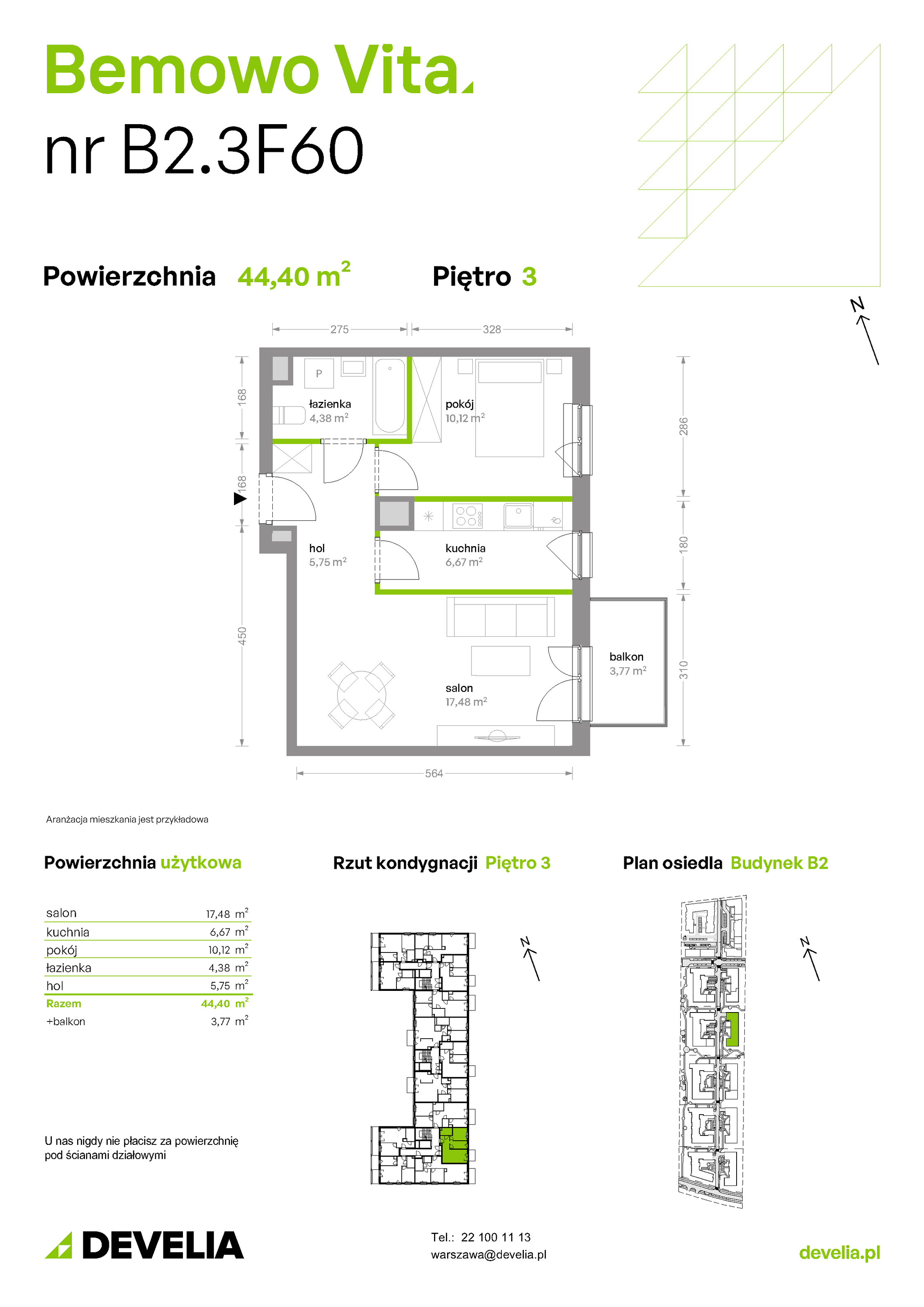 Mieszkanie 44,40 m², piętro 3, oferta nr B2/3/F60, Bemowo Vita etap II, Warszawa, Bemowo, Chrzanów, ul. Szeligowska 59-idx