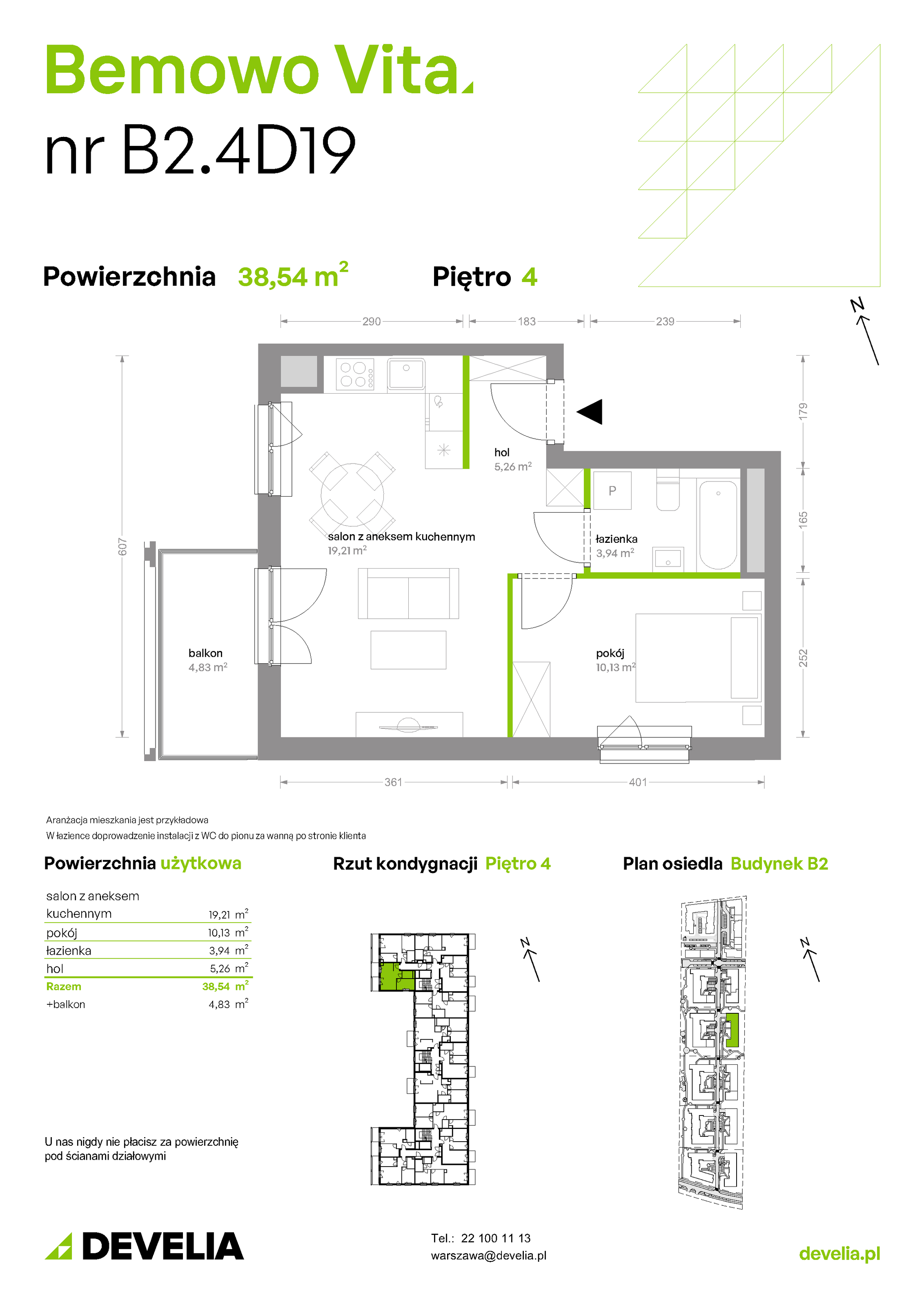 Mieszkanie 38,54 m², piętro 4, oferta nr B2/4/D19, Bemowo Vita etap II, Warszawa, Bemowo, Chrzanów, ul. Szeligowska 59-idx