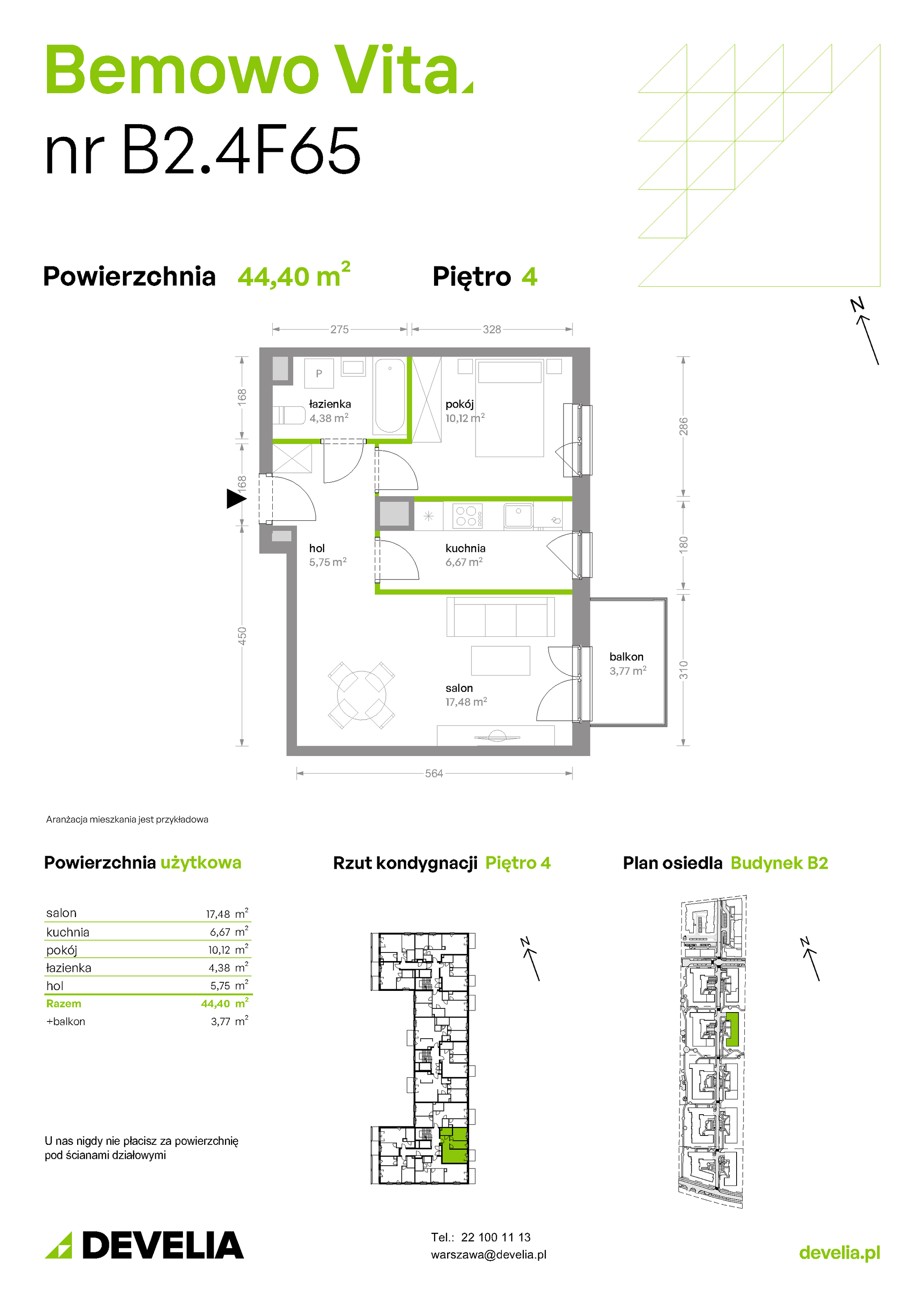 Mieszkanie 44,40 m², piętro 4, oferta nr B2/4/F65, Bemowo Vita etap II, Warszawa, Bemowo, Chrzanów, ul. Szeligowska 59-idx