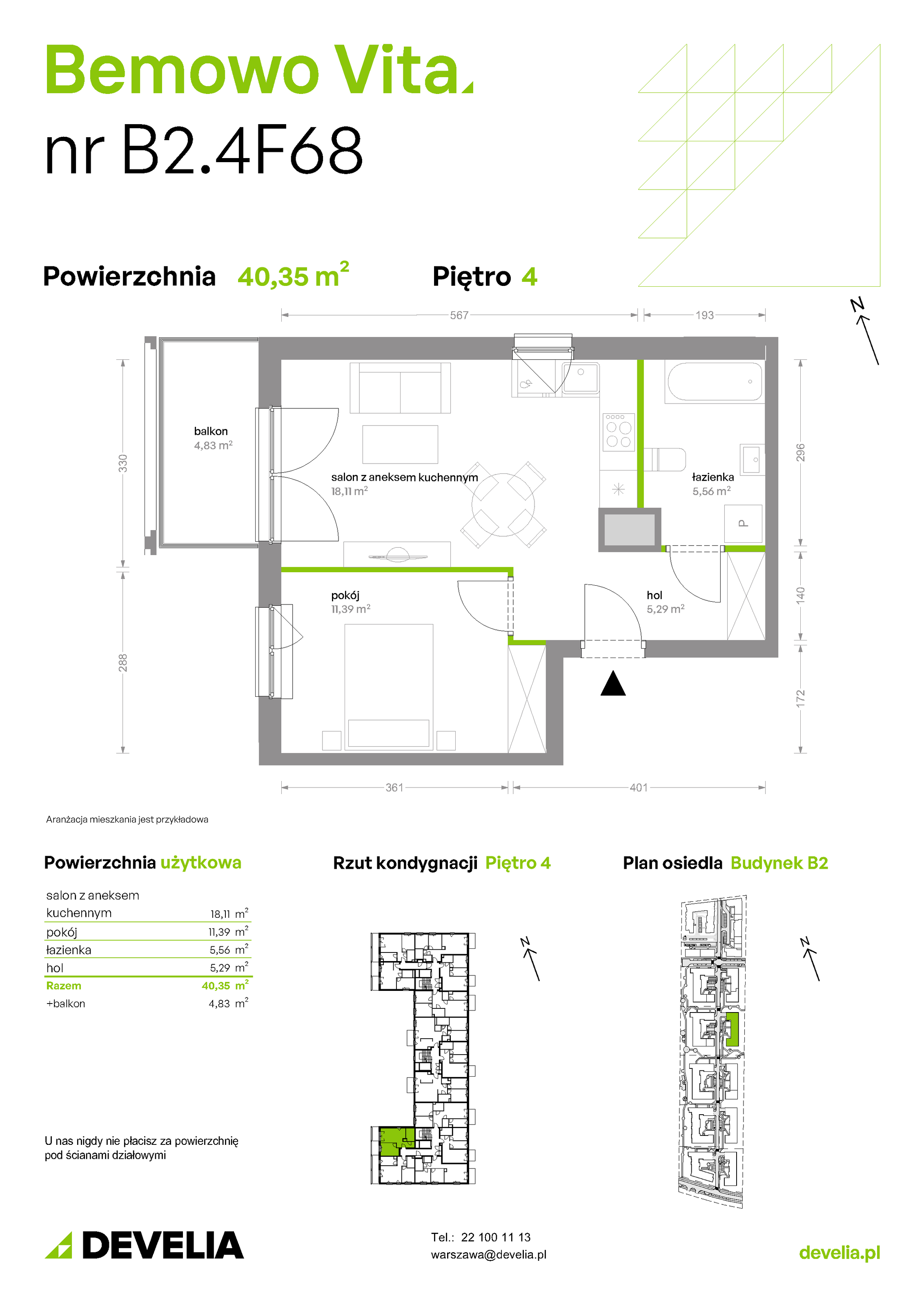 Mieszkanie 40,35 m², piętro 4, oferta nr B2/4/F68, Bemowo Vita etap II, Warszawa, Bemowo, Chrzanów, ul. Szeligowska 59-idx