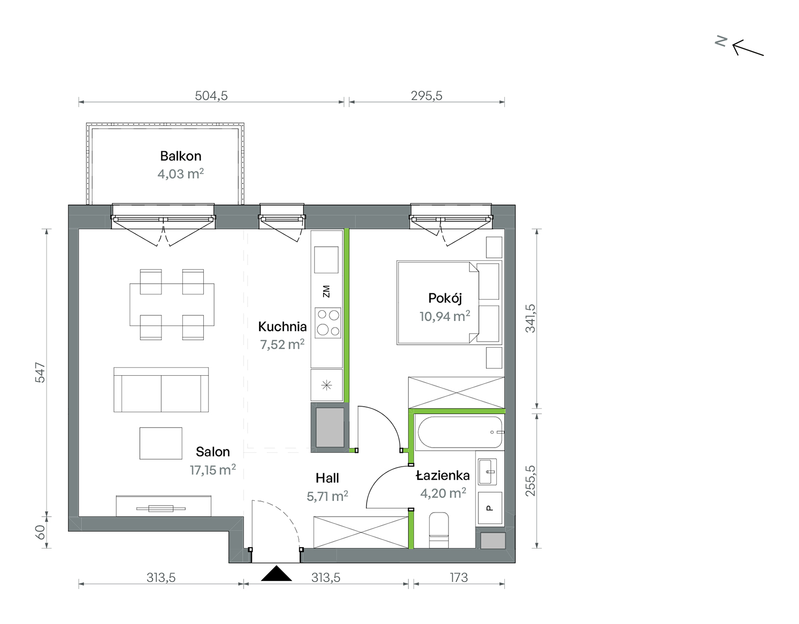 Mieszkanie 45,52 m², piętro 1, oferta nr 1/A/2/39, Oliwska Vita etap II, Warszawa, Targówek, Bródno, ul. Oliwska 11-idx