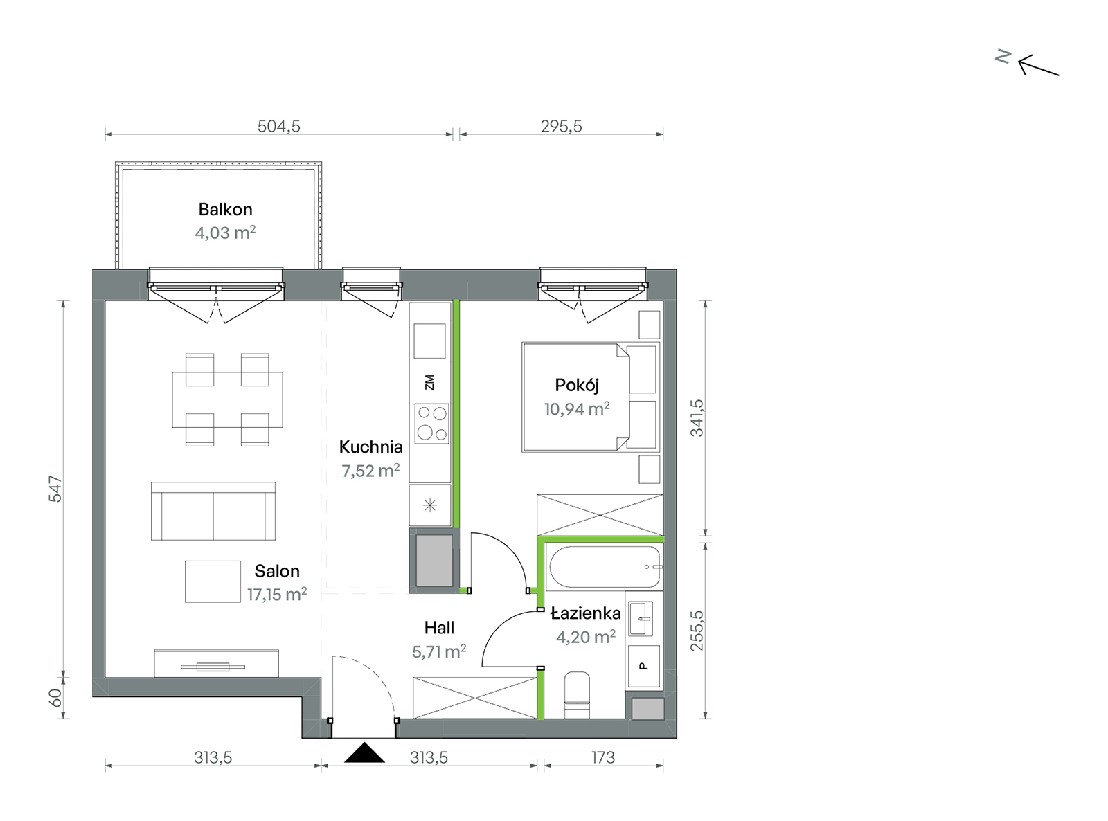 Mieszkanie 45,52 m², piętro 2, oferta nr 1/A/2/48, Oliwska Vita etap II, Warszawa, Targówek, Bródno, ul. Oliwska 11-idx