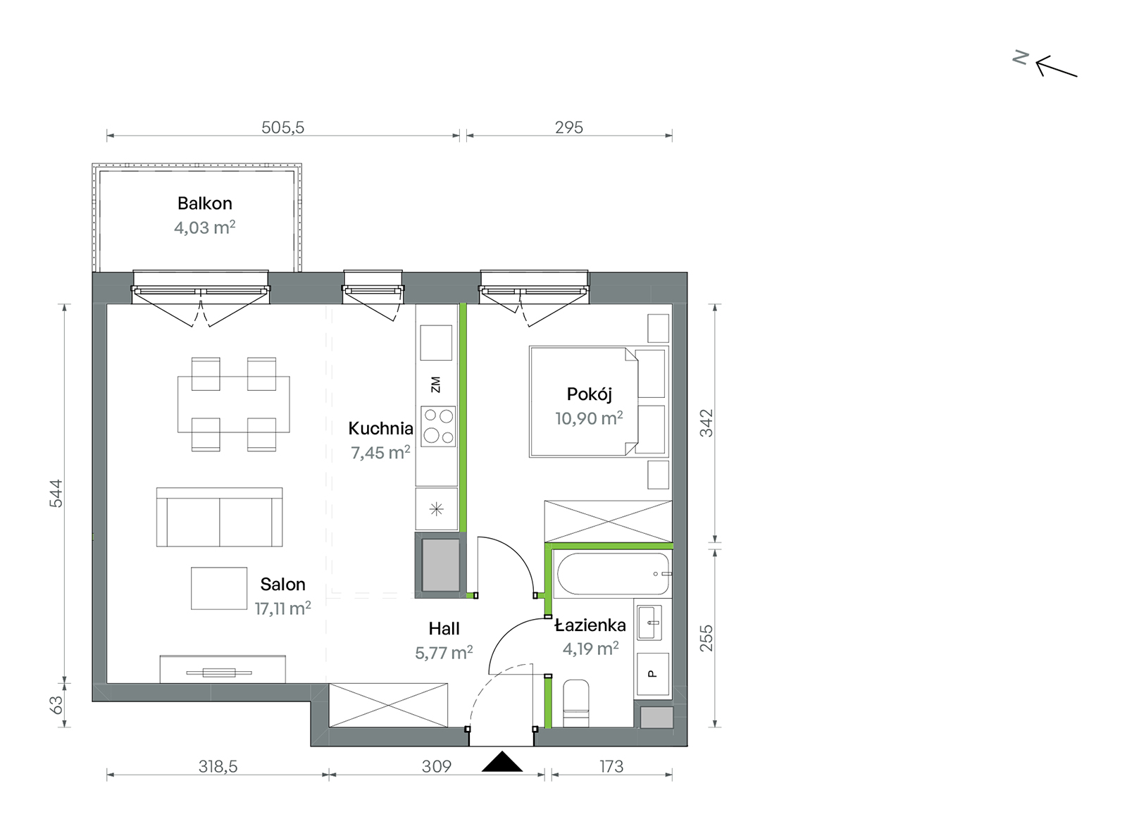 Mieszkanie 45,42 m², piętro 2, oferta nr 1/A/2/49, Oliwska Vita etap II, Warszawa, Targówek, Bródno, ul. Oliwska 11-idx