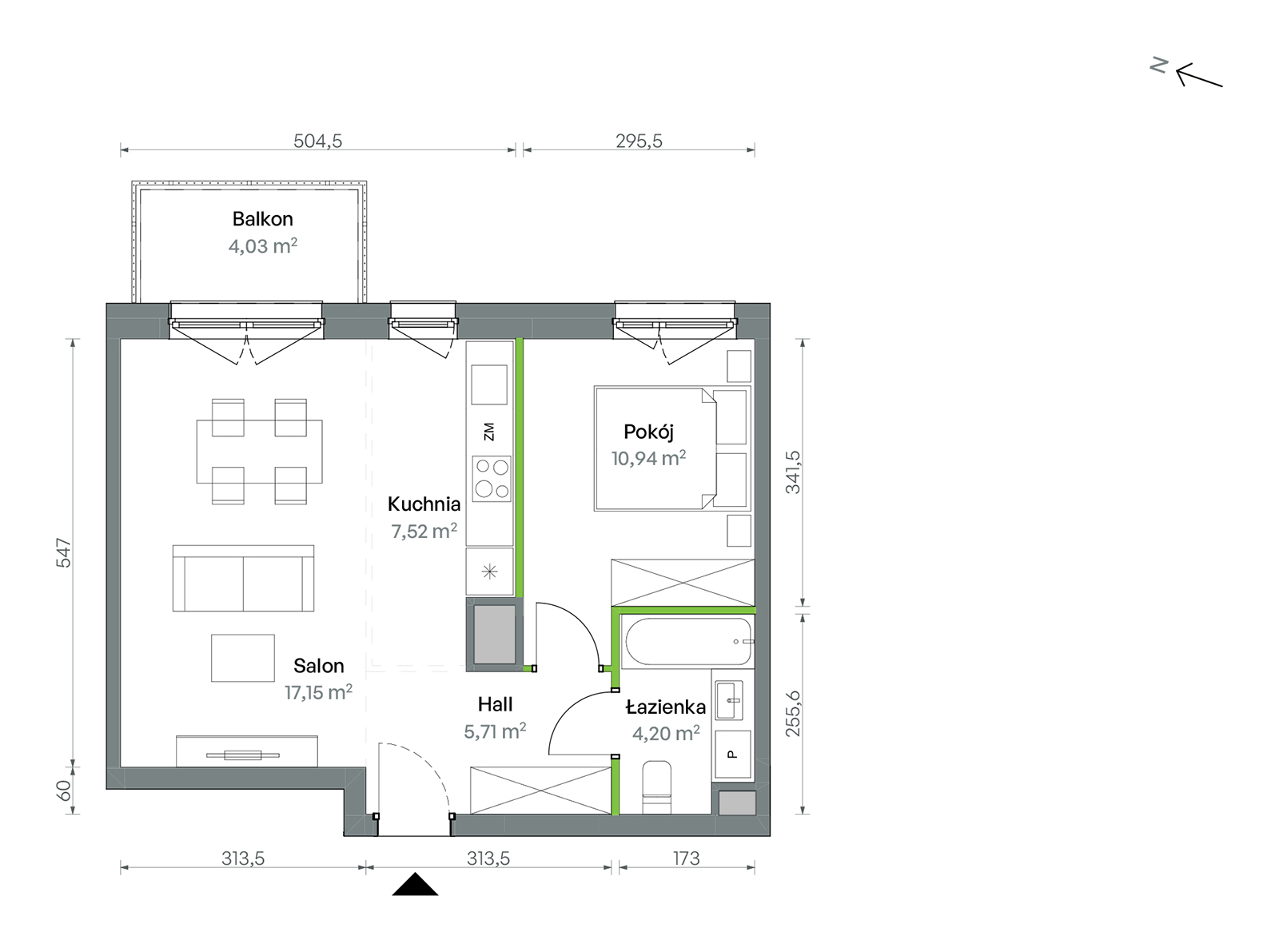 Mieszkanie 45,52 m², piętro 3, oferta nr 1/A/2/57, Oliwska Vita etap II, Warszawa, Targówek, Bródno, ul. Oliwska 11-idx