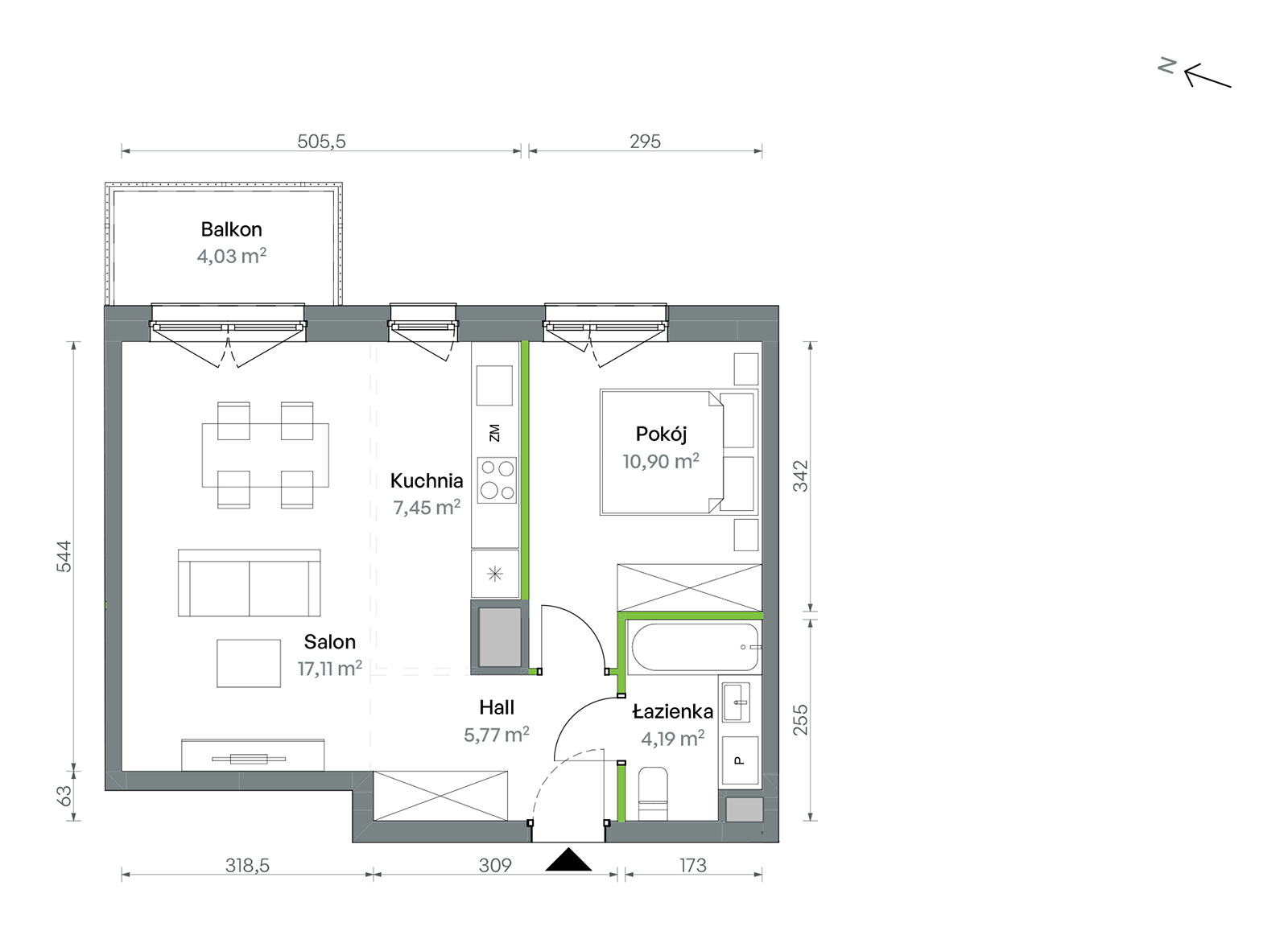 Mieszkanie 45,42 m², piętro 3, oferta nr 1/A/2/58, Oliwska Vita etap II, Warszawa, Targówek, Bródno, ul. Oliwska 11-idx