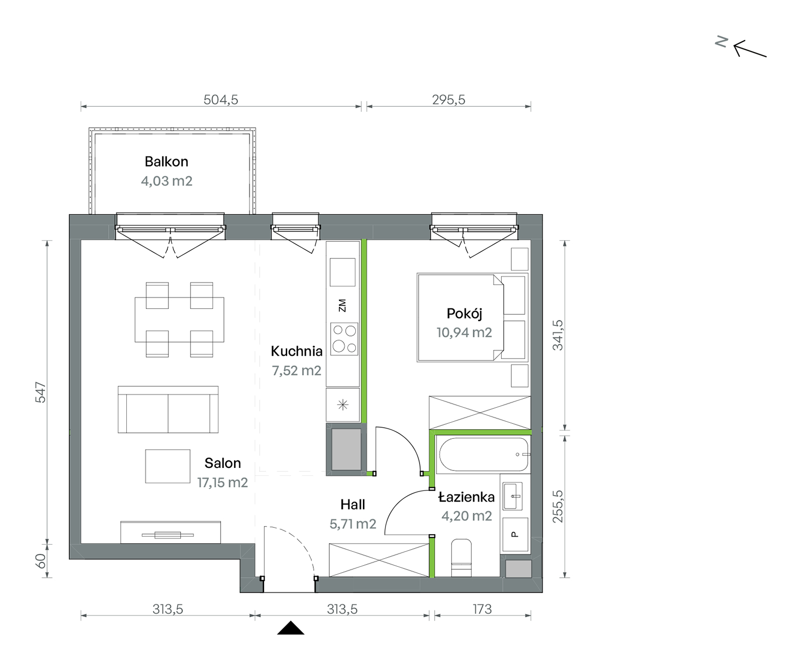 Mieszkanie 45,52 m², piętro 5, oferta nr 1/A/2/74, Oliwska Vita etap II, Warszawa, Targówek, Bródno, ul. Oliwska 11-idx