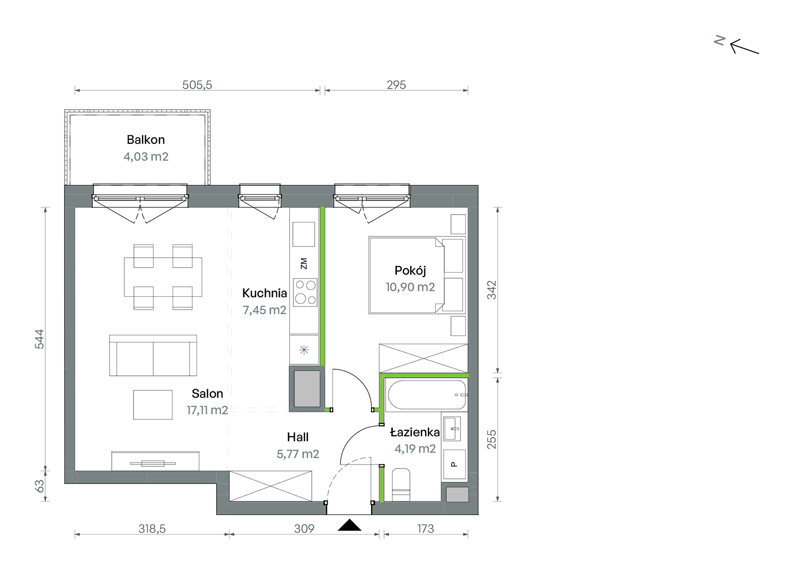 Mieszkanie 45,42 m², piętro 6, oferta nr 1/A/2/83, Oliwska Vita etap II, Warszawa, Targówek, Bródno, ul. Oliwska 11-idx