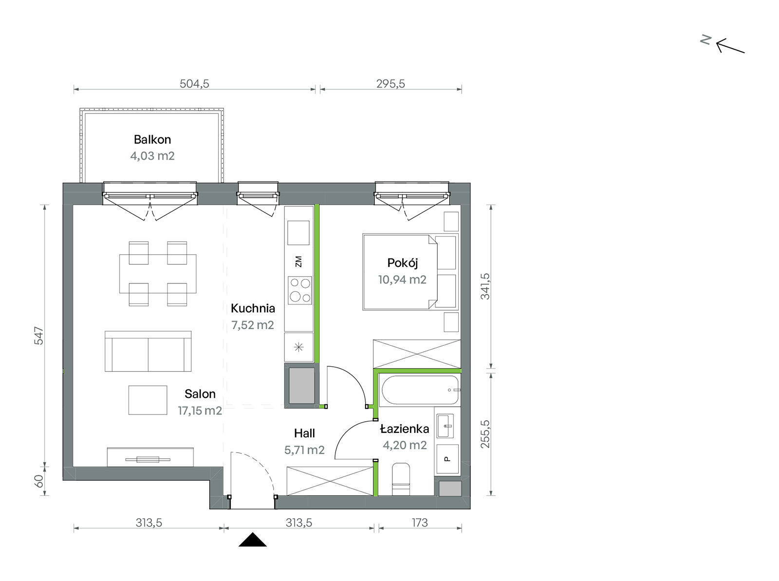 Mieszkanie 45,52 m², piętro 7, oferta nr 1/A/2/90, Oliwska Vita etap II, Warszawa, Targówek, Bródno, ul. Oliwska 11-idx