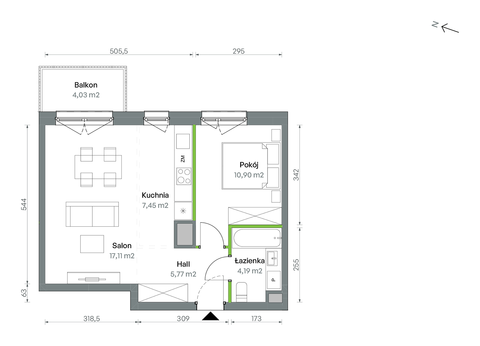 Mieszkanie 45,42 m², piętro 7, oferta nr 1/A/2/91, Oliwska Vita etap II, Warszawa, Targówek, Bródno, ul. Oliwska 11-idx