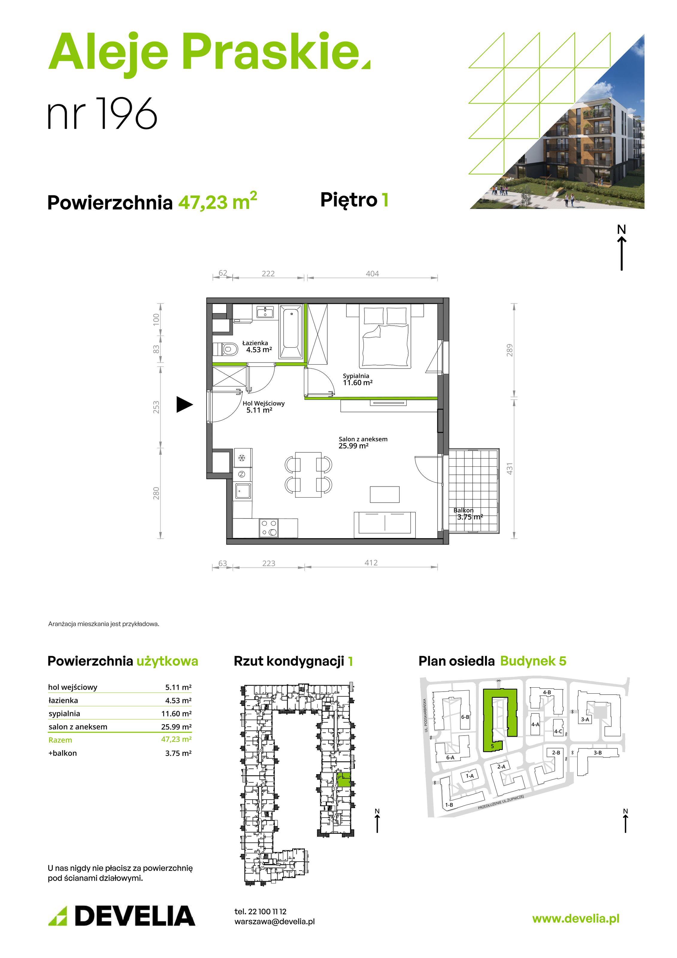 Mieszkanie 47,23 m², piętro 1, oferta nr 196/5, Aleje Praskie, Warszawa, Praga Południe, Kamionek, ul. Podskarbińska 32/34-idx