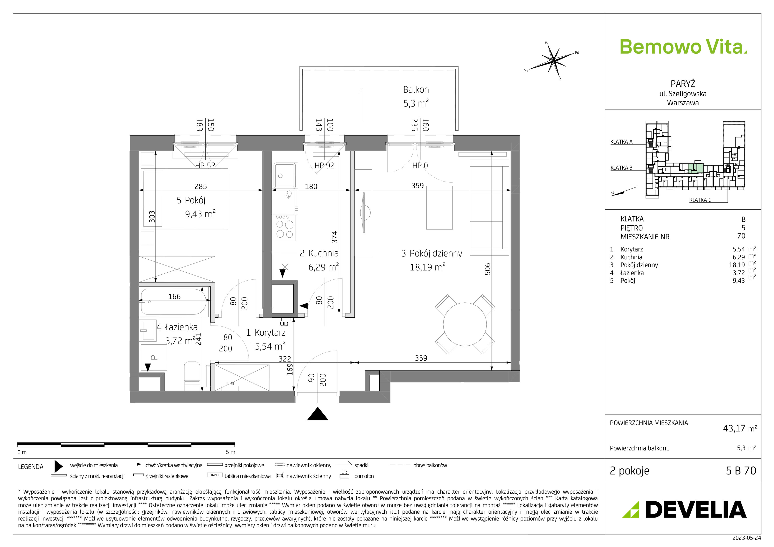 Mieszkanie 43,17 m², piętro 5, oferta nr B3/5/B70, Bemowo Vita, Warszawa, Bemowo, Chrzanów, ul. Szeligowska 59-idx