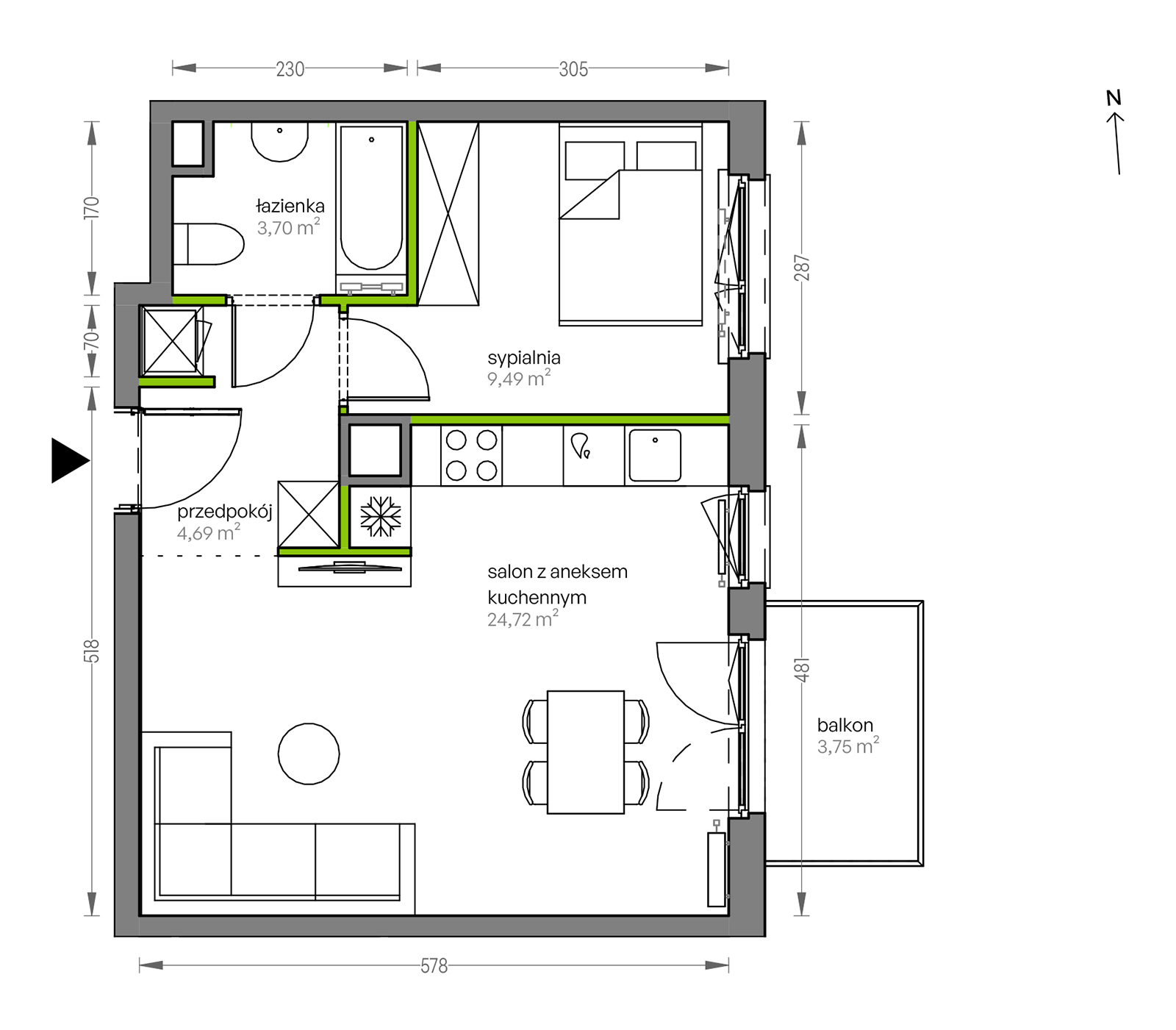 Mieszkanie 42,60 m², piętro 1, oferta nr F/009, City Vibe etap V, Kraków, Podgórze, Płaszów, ul. Myśliwska 68-idx