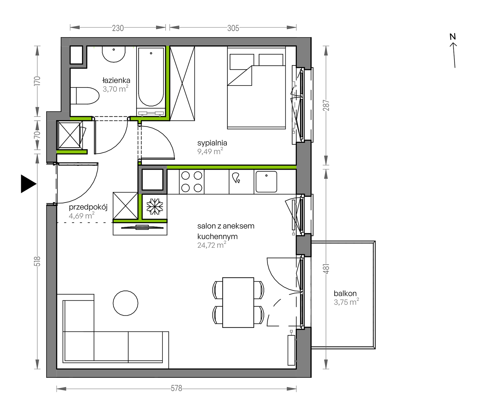 Mieszkanie 42,60 m², piętro 2, oferta nr F/018, City Vibe etap V, Kraków, Podgórze, Płaszów, ul. Myśliwska 68-idx