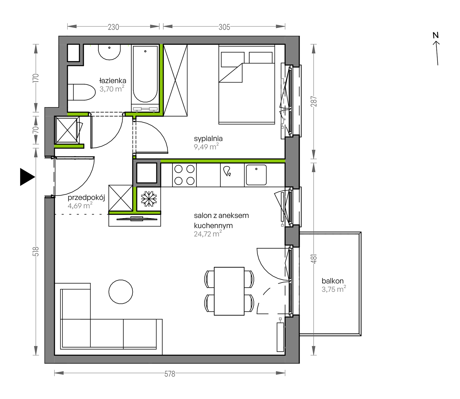 Mieszkanie 42,60 m², piętro 3, oferta nr F/027, City Vibe etap V, Kraków, Podgórze, Płaszów, ul. Myśliwska 68-idx