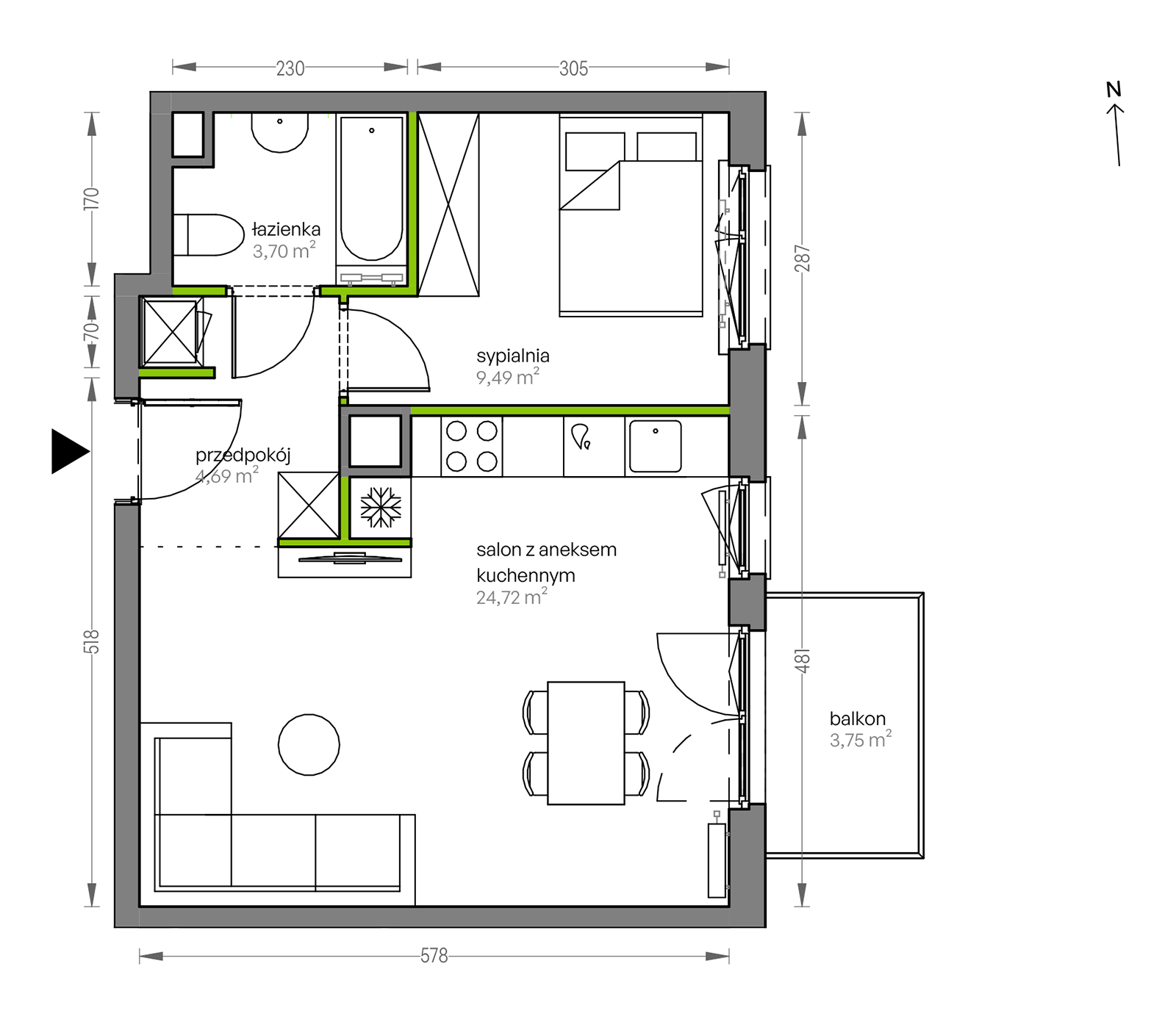 Mieszkanie 42,60 m², piętro 4, oferta nr F/036, City Vibe etap V, Kraków, Podgórze, Płaszów, ul. Myśliwska 68-idx