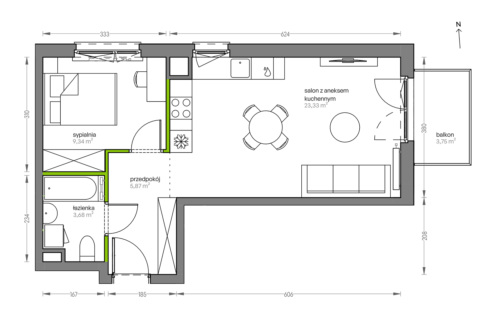 Mieszkanie 42,22 m², piętro 1, oferta nr F/077, City Vibe etap V, Kraków, Podgórze, Płaszów, ul. Myśliwska 68-idx