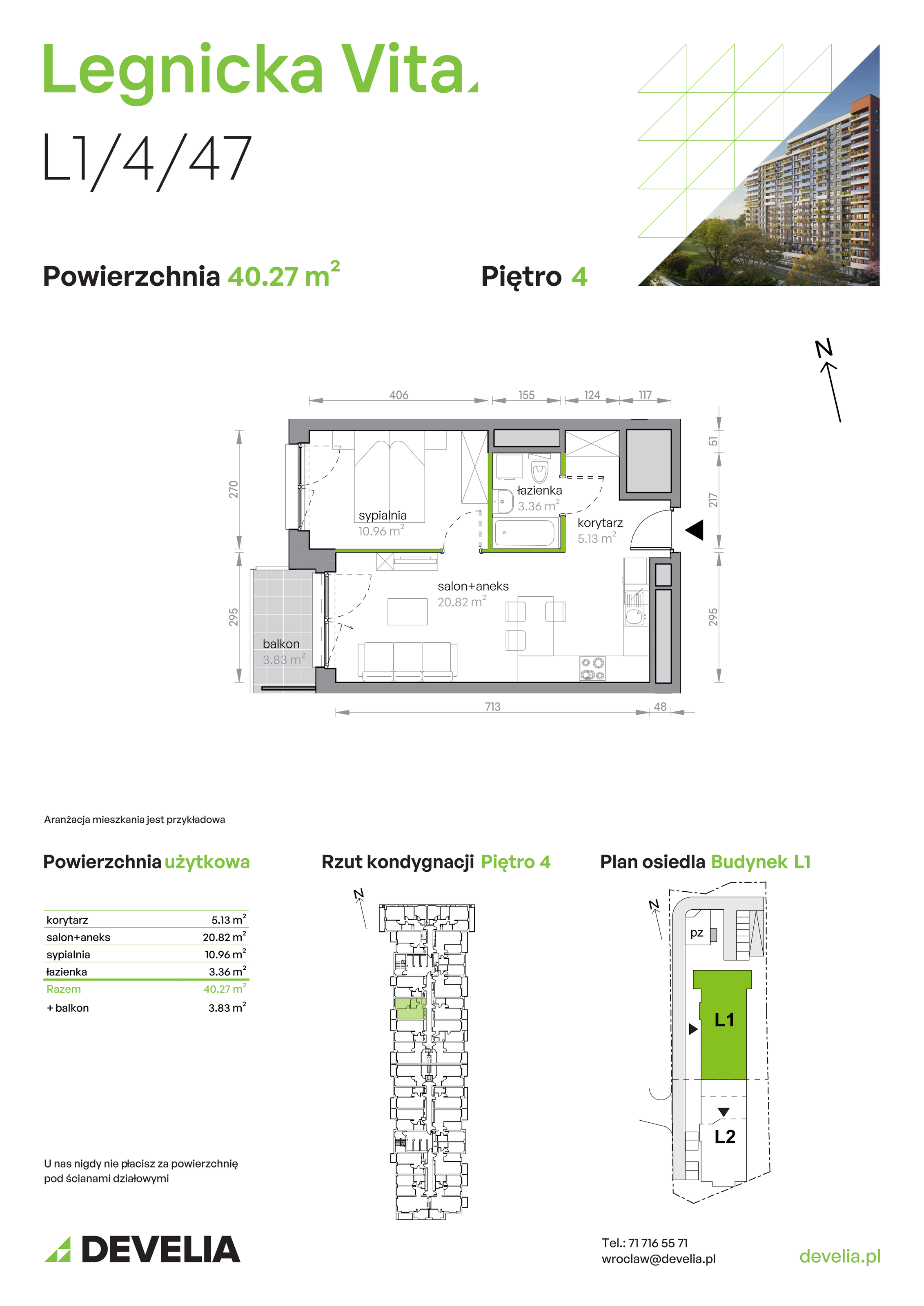 Mieszkanie 40,27 m², piętro 4, oferta nr L1/4/47, Legnicka Vita, Wrocław, Gądów-Popowice Południowe, Popowice, ul. Legnicka 52 A-idx