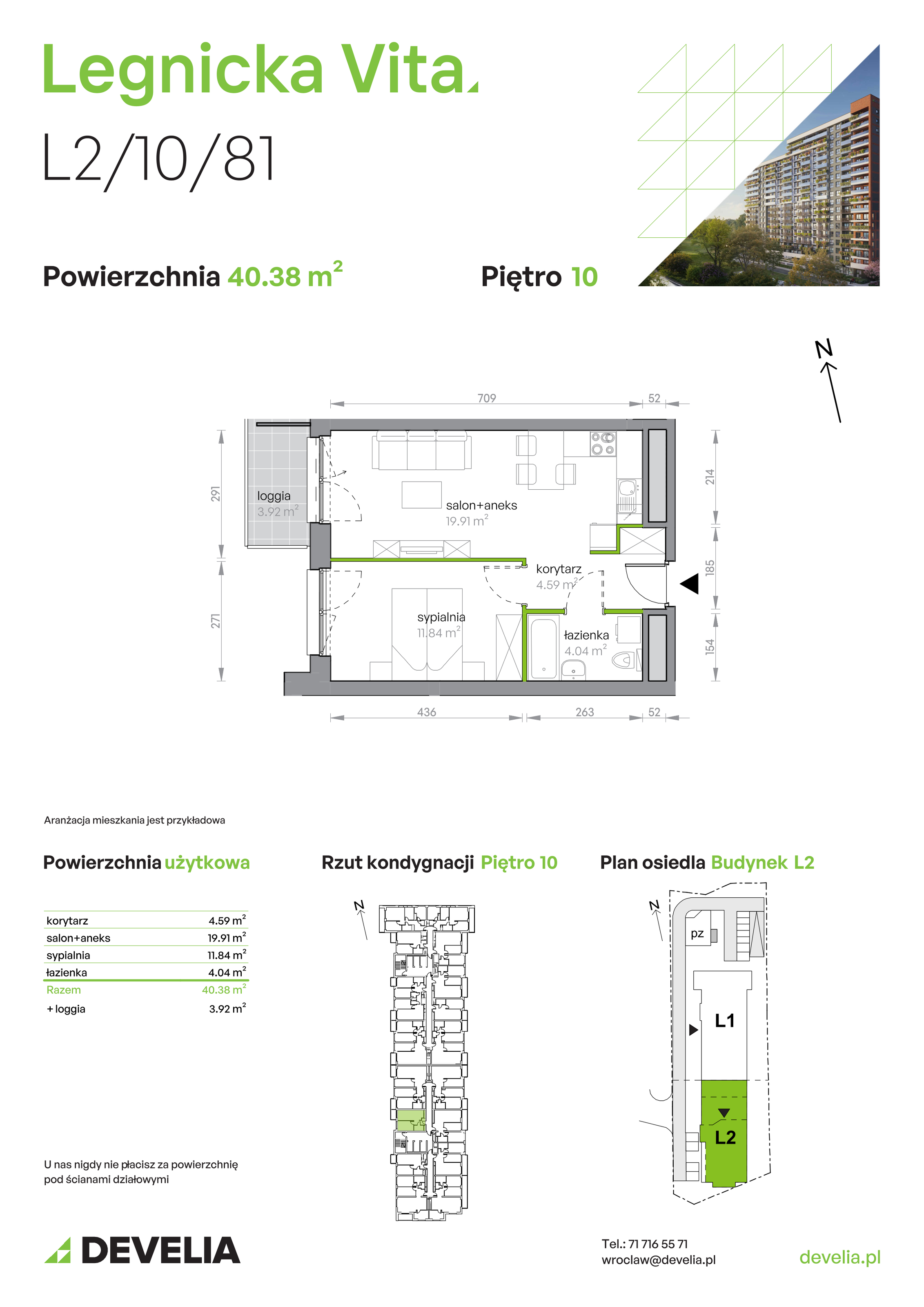 Mieszkanie 40,38 m², piętro 10, oferta nr L2/10/81, Legnicka Vita, Wrocław, Gądów-Popowice Południowe, Popowice, ul. Legnicka 52 A-idx