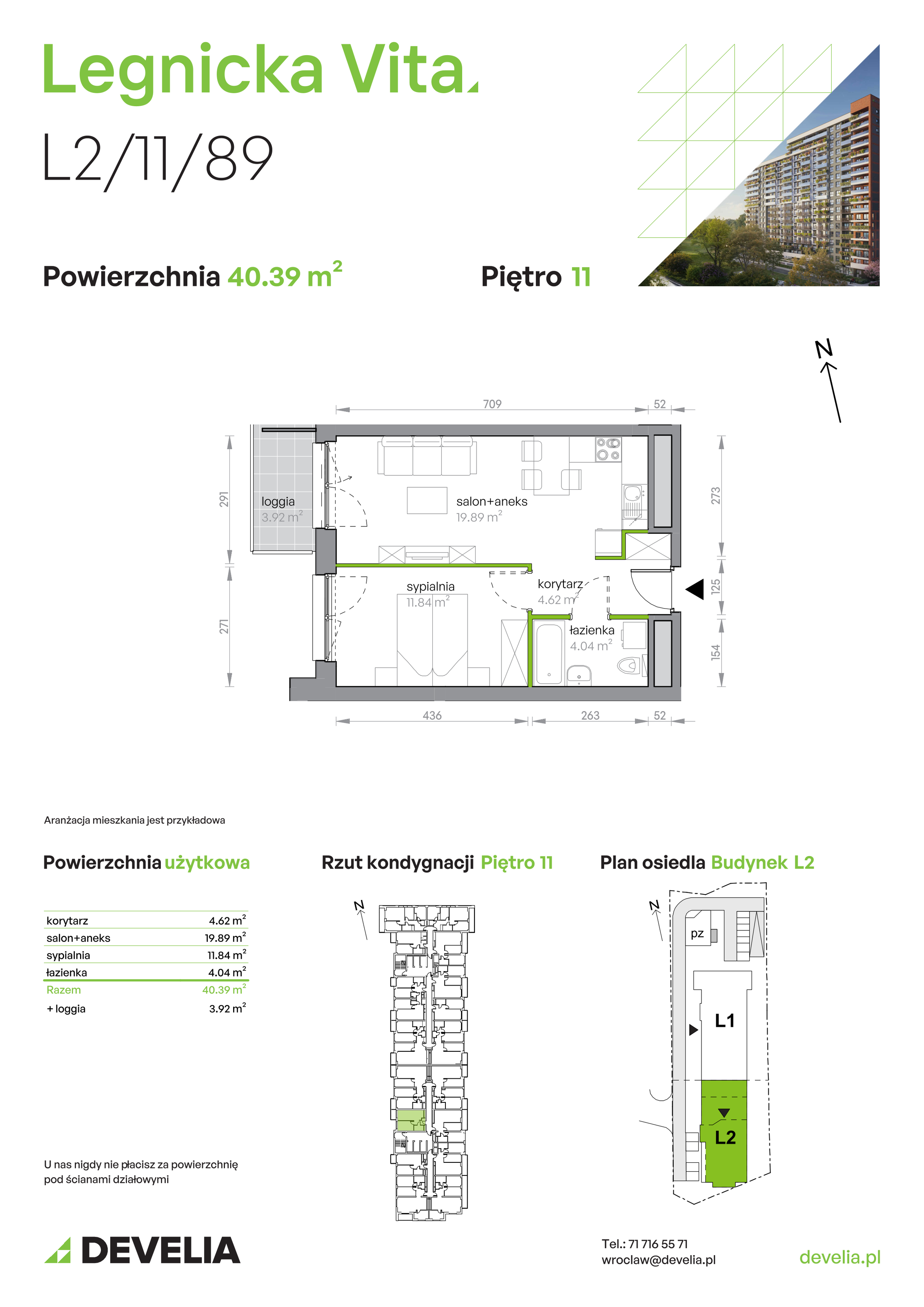 Mieszkanie 40,39 m², piętro 11, oferta nr L2/11/89, Legnicka Vita, Wrocław, Gądów-Popowice Południowe, Popowice, ul. Legnicka 52 A-idx