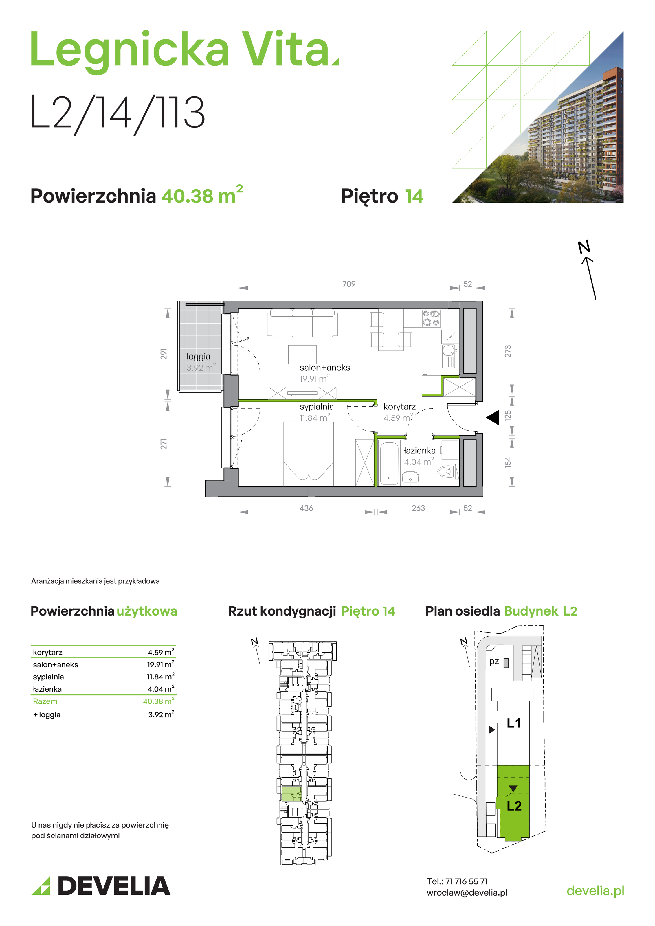 Mieszkanie 40,38 m², piętro 14, oferta nr L2/14/113, Legnicka Vita, Wrocław, Gądów-Popowice Południowe, Popowice, ul. Legnicka 52 A-idx