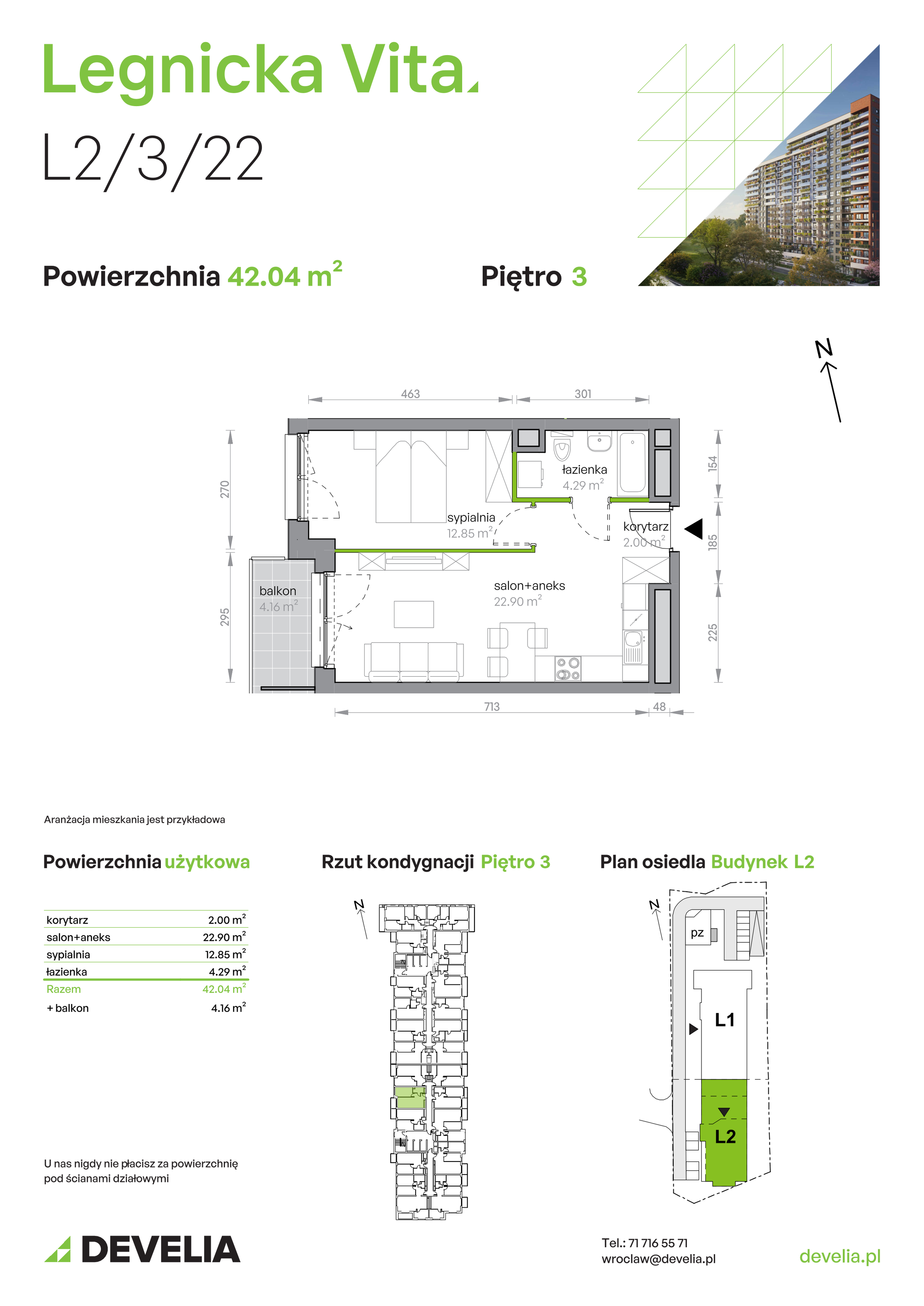 Mieszkanie 42,04 m², piętro 3, oferta nr L2/3/22, Legnicka Vita, Wrocław, Gądów-Popowice Południowe, Popowice, ul. Legnicka 52 A-idx