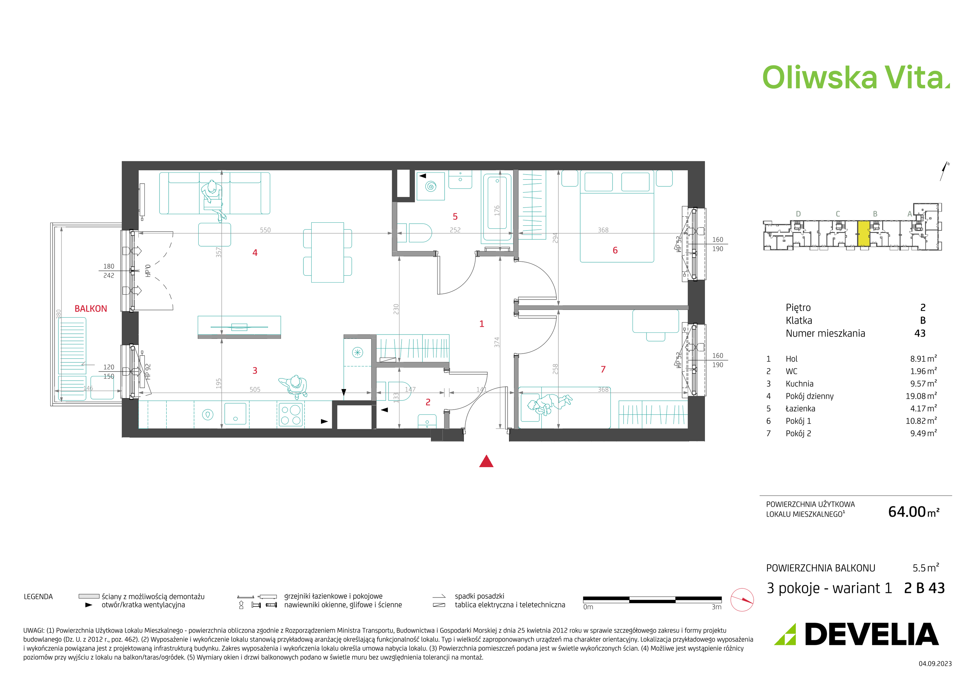 Mieszkanie 64,00 m², piętro 2, oferta nr 2B43, Oliwska Vita, Warszawa, Targówek, Bródno, ul. Oliwska 5c-idx