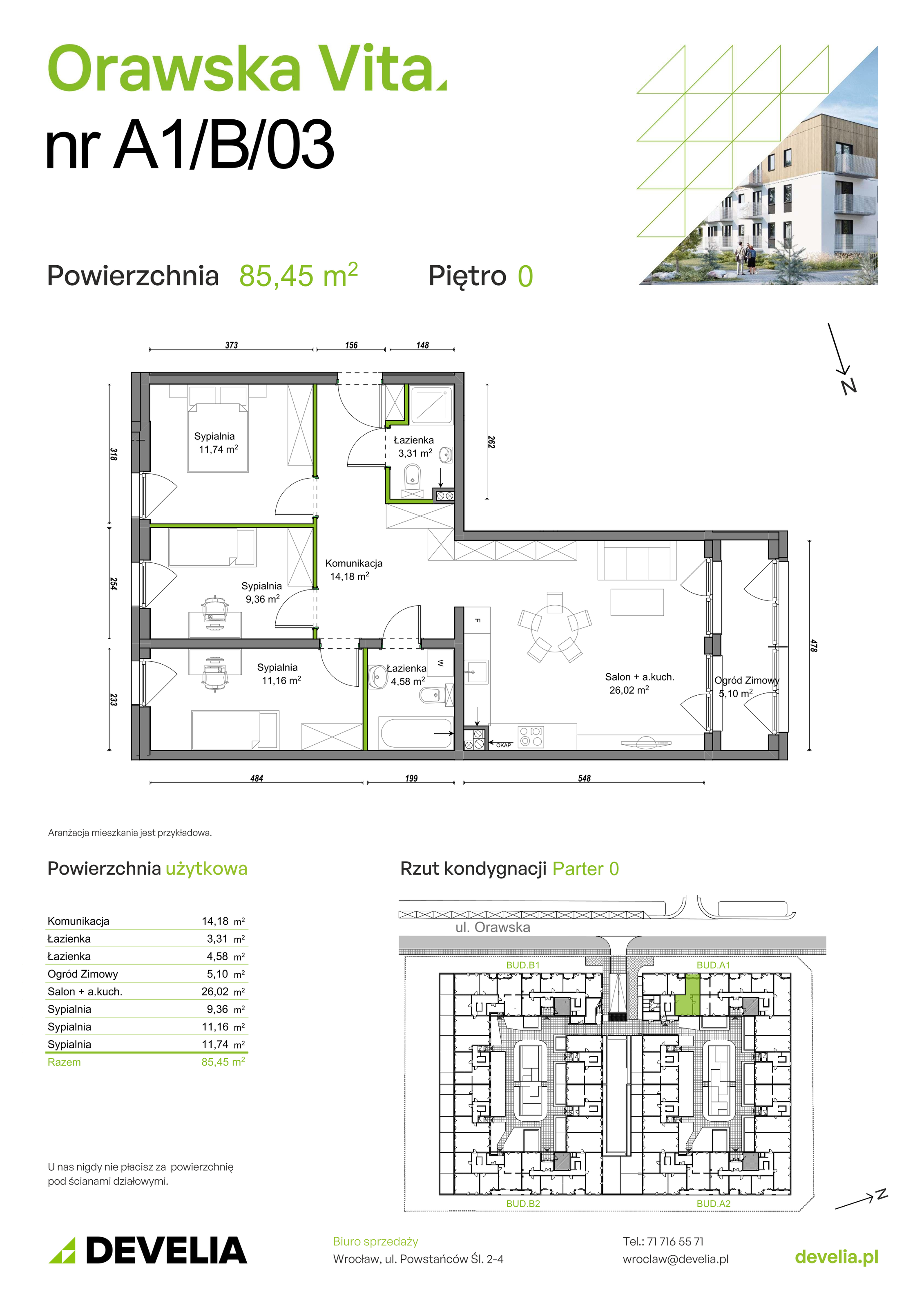 Mieszkanie 85,45 m², parter, oferta nr A1/B/03, Orawska Vita, Wrocław, Ołtaszyn, Krzyki, ul. Orawska 73-idx