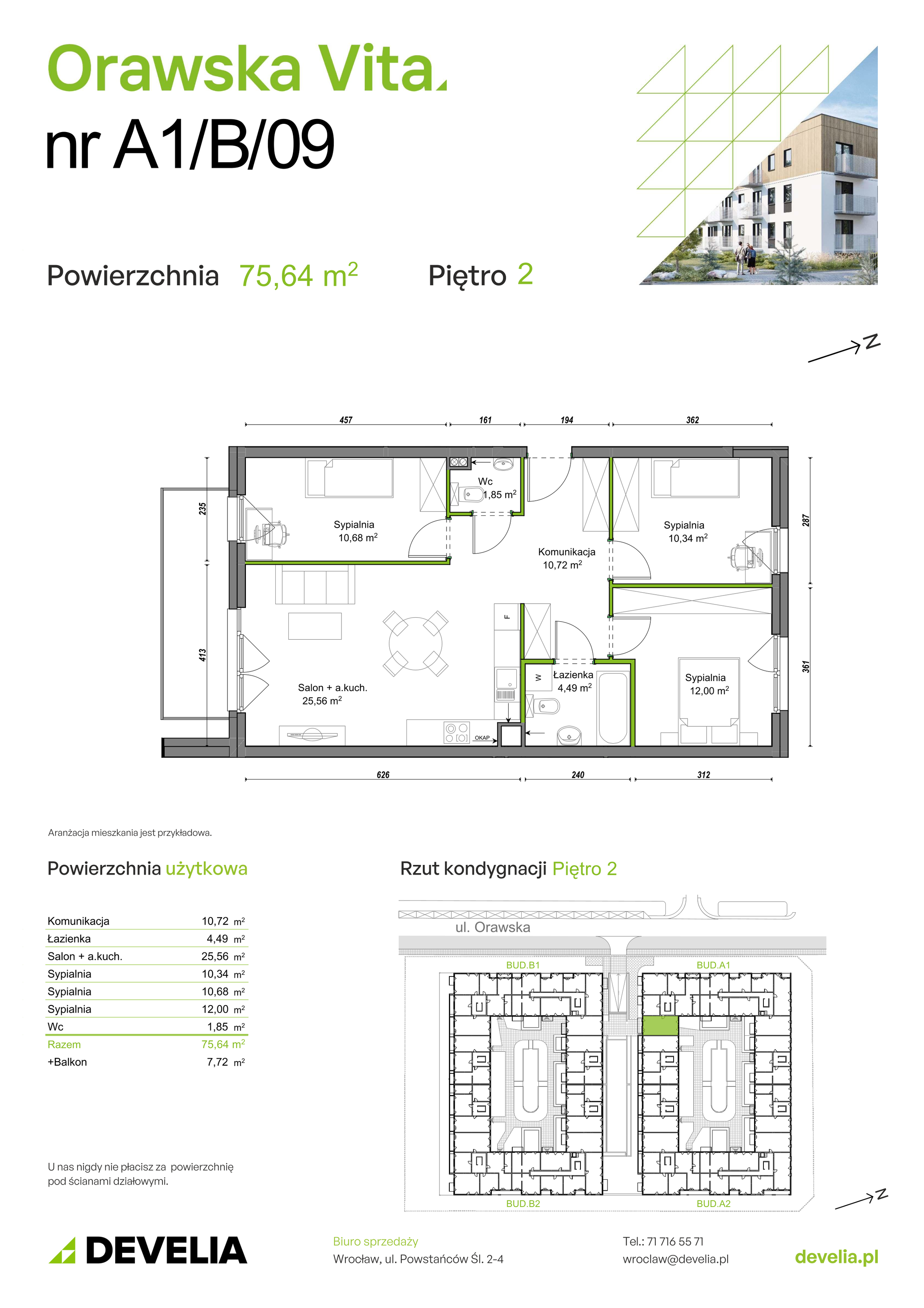 Mieszkanie 75,64 m², piętro 2, oferta nr A1/B/09, Orawska Vita, Wrocław, Ołtaszyn, Krzyki, ul. Orawska 73-idx