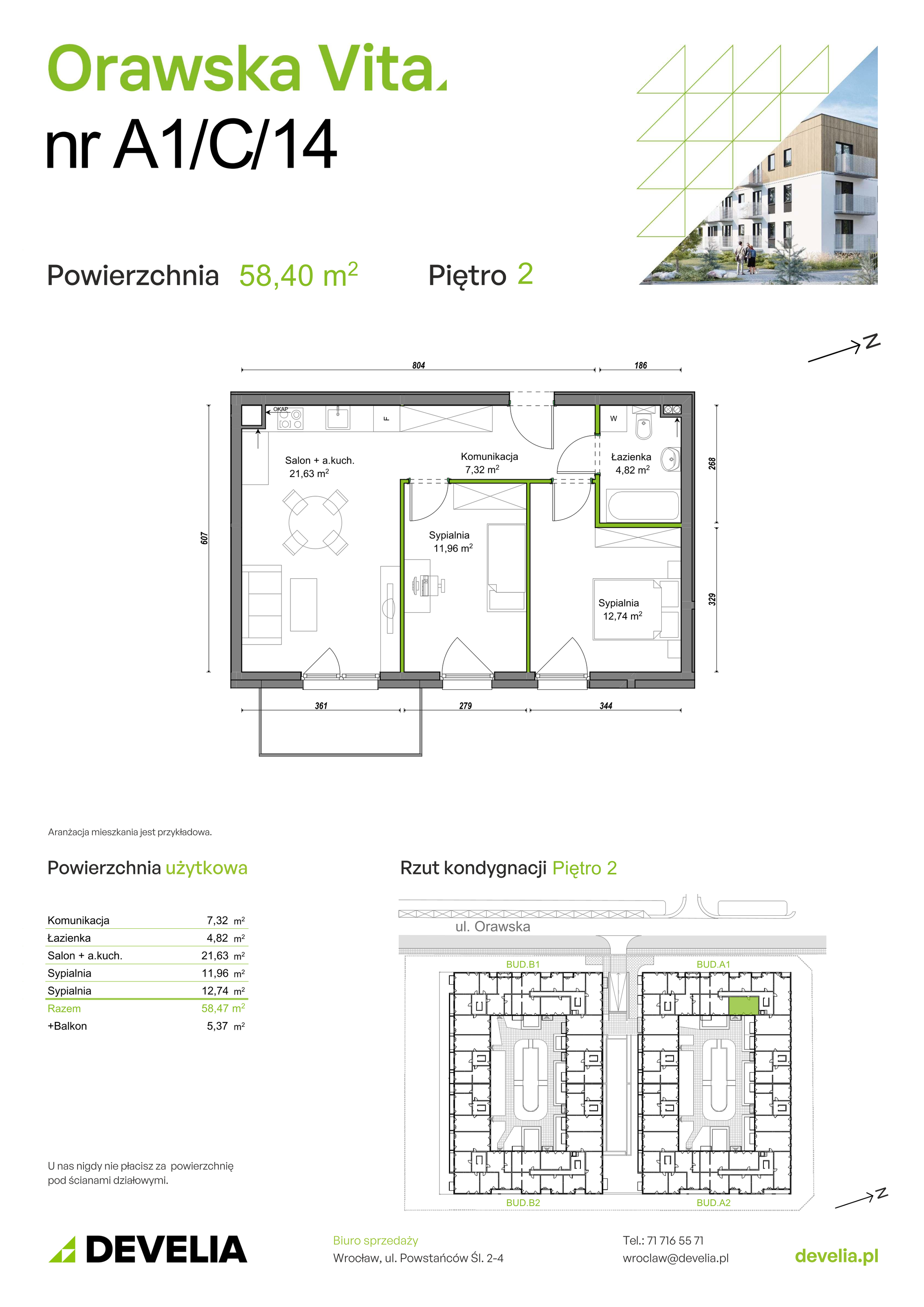 Mieszkanie 58,40 m², piętro 2, oferta nr A1/C/14, Orawska Vita, Wrocław, Ołtaszyn, Krzyki, ul. Orawska 73-idx