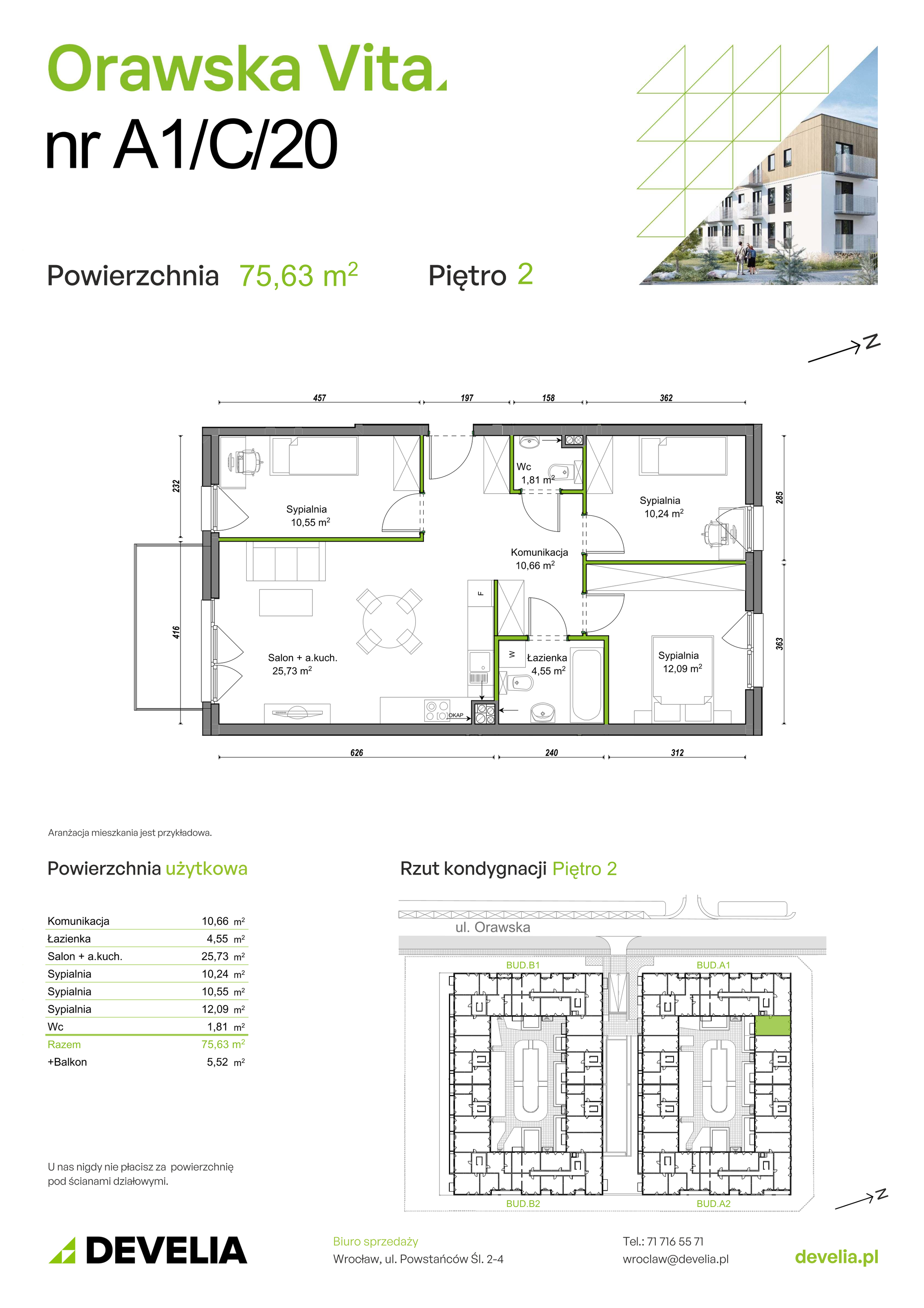 Mieszkanie 75,63 m², piętro 2, oferta nr A1/C/20, Orawska Vita, Wrocław, Ołtaszyn, Krzyki, ul. Orawska 73-idx